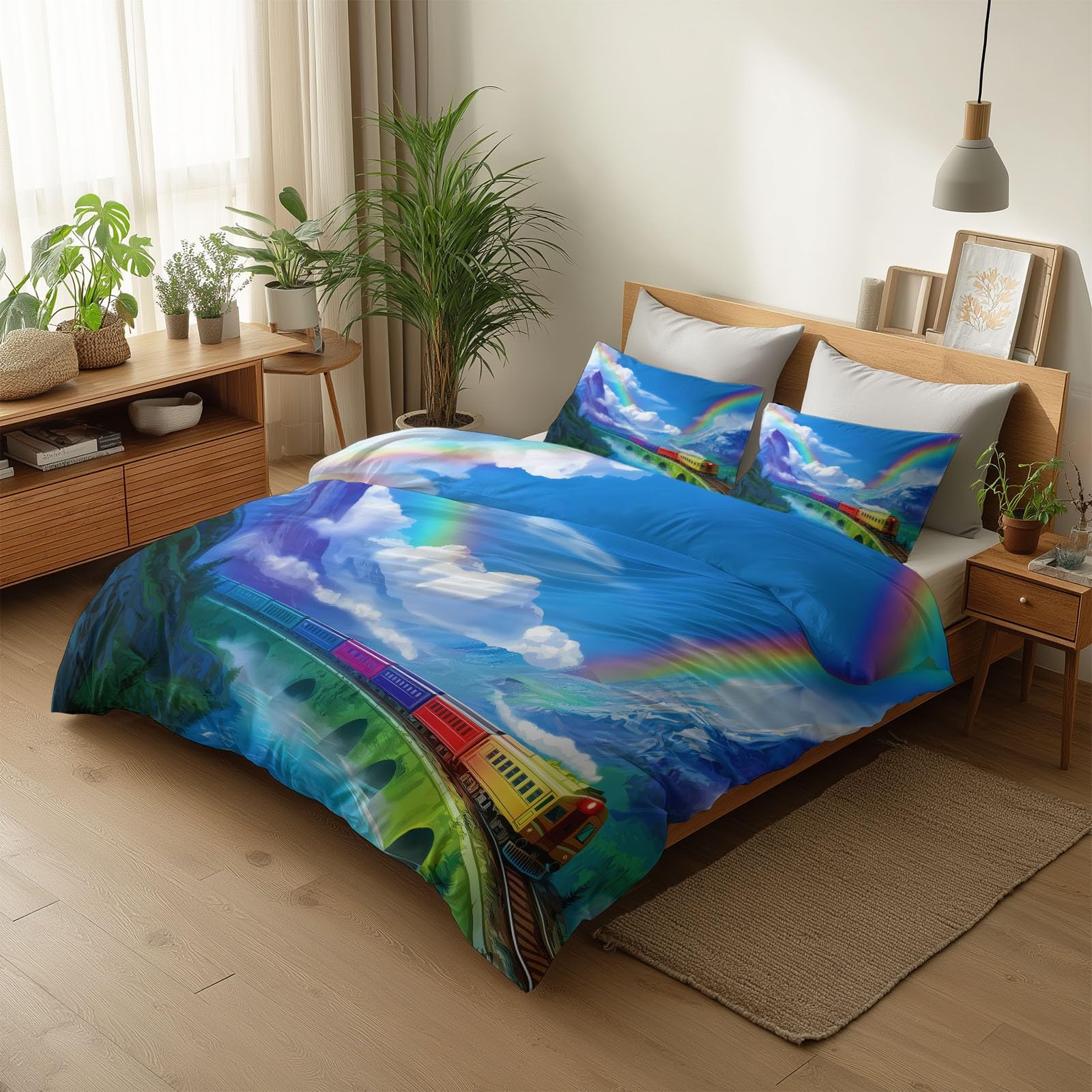 Kinderbuch Regenbogenzug Bettwäsche-Set, 240 x 220 cm Weiche 2D-Game-Art Bedruckte Wendebettwäsche mit Reißverschluss Ganzjahres Bettbezug für Jungen Mädchen Jugendliche Kinder Teens