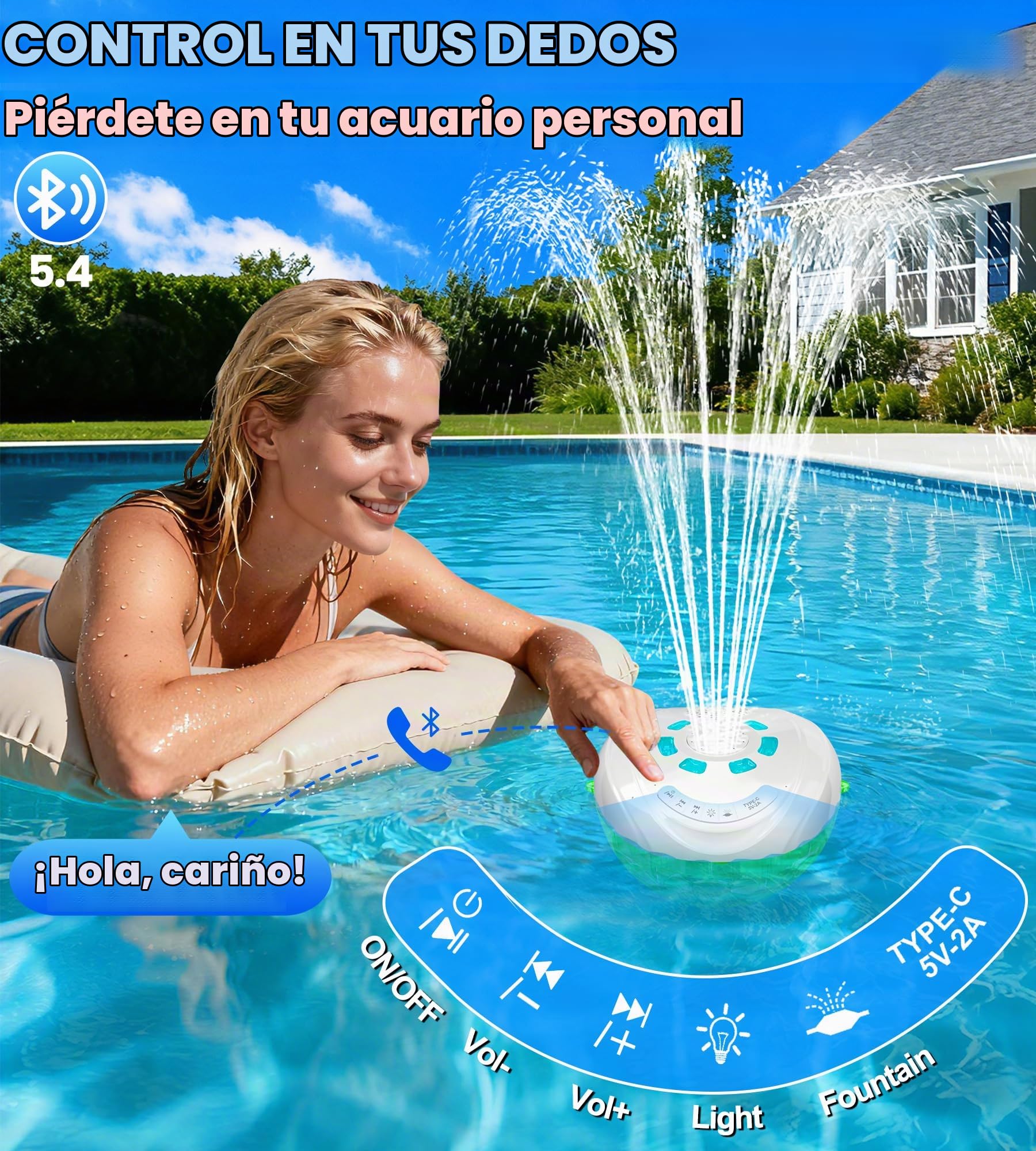 Luxfero 3 en 1 Altavoz Piscina Bluetooth con Fuente & Luces,Altavoz Bluetooth Flotante para Piscina,Altavoces de Impermeable IP68,BT5.4, 360° Sonido Estéreo Altavoz Bluetooth Potente,Fuentes Piscina