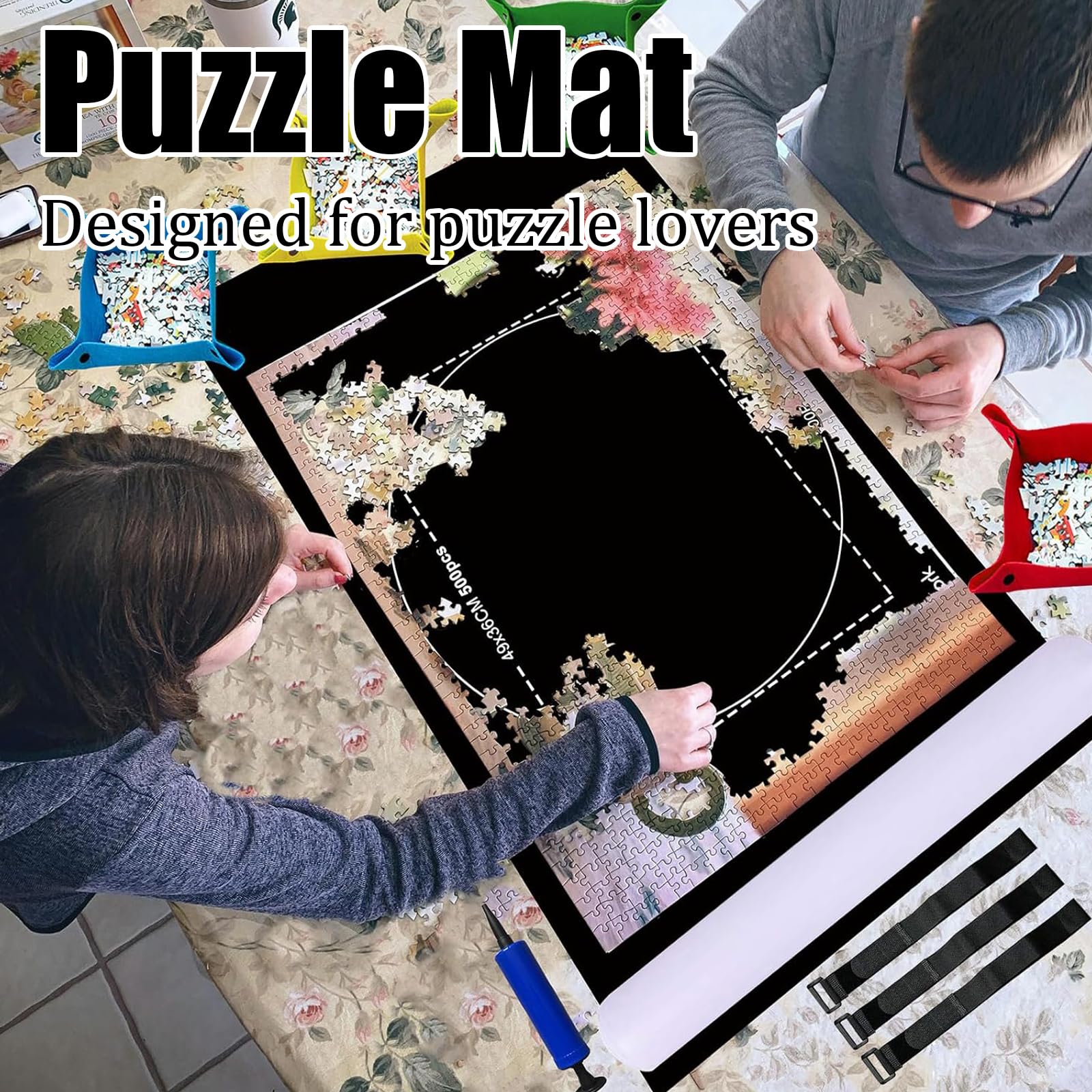 Tapete Puzzle, Fieltro Tapete Puzzle para 1500 Piezas, Plegable Alfombra Puzzles con Bomba Inflable, Estera de Rompecabezas Portátil, Antideslizante Puzzles para Almacenar Rompecabezas