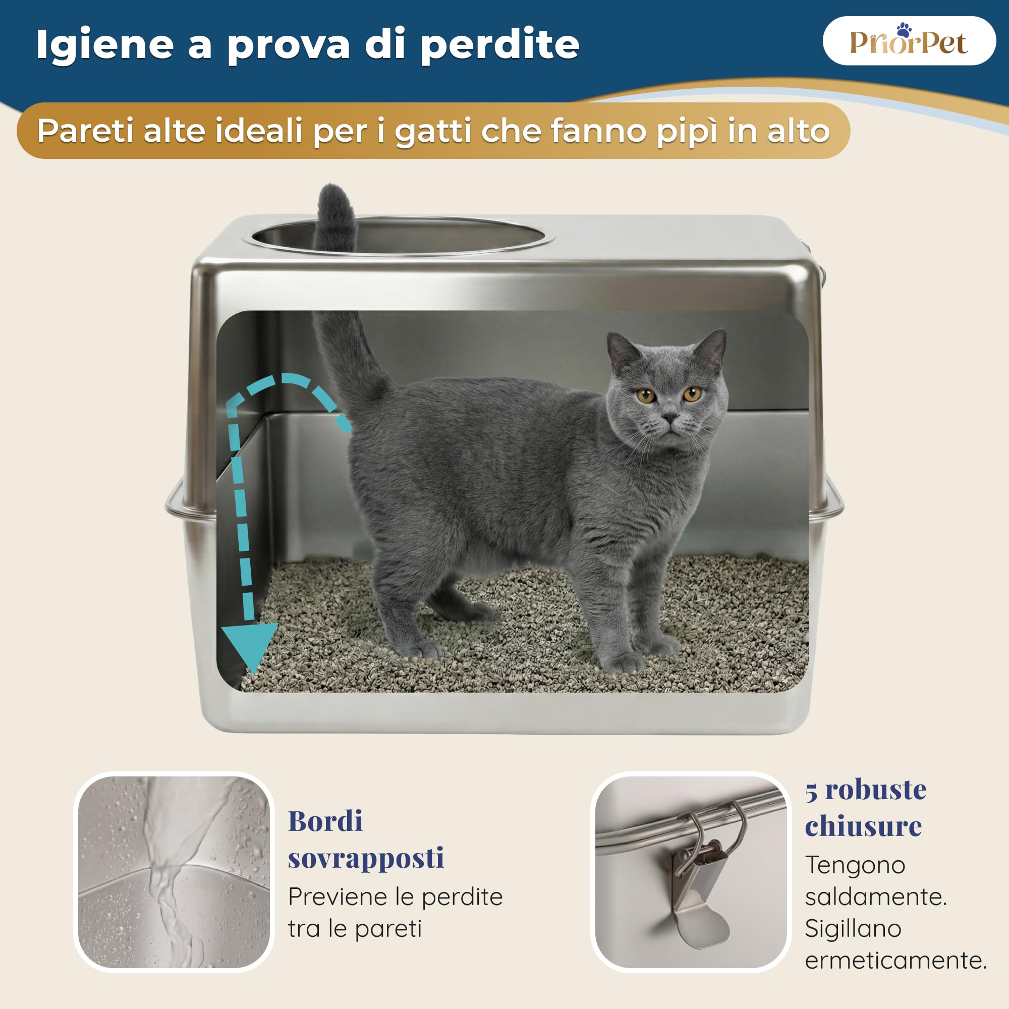 Lettiera Acciaio Inox XXL – Gatto Chiusa con Porta Frontale & Ingresso Superiore – Grande 60x41,5x40 cm – Facile da Pulire & Anti-Odore con Pedana Raccogli