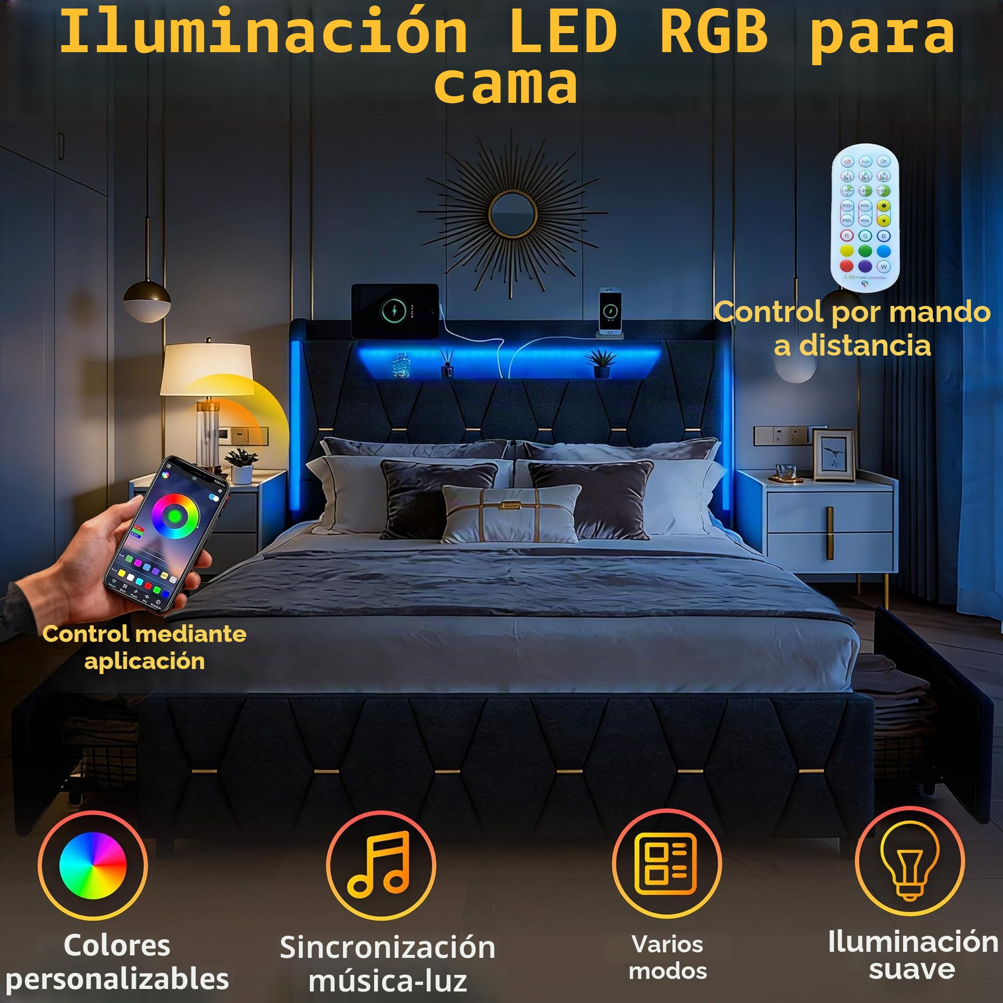 Cama de Lino Gris de 140x200 cm con Cabecero con Almacenamiento