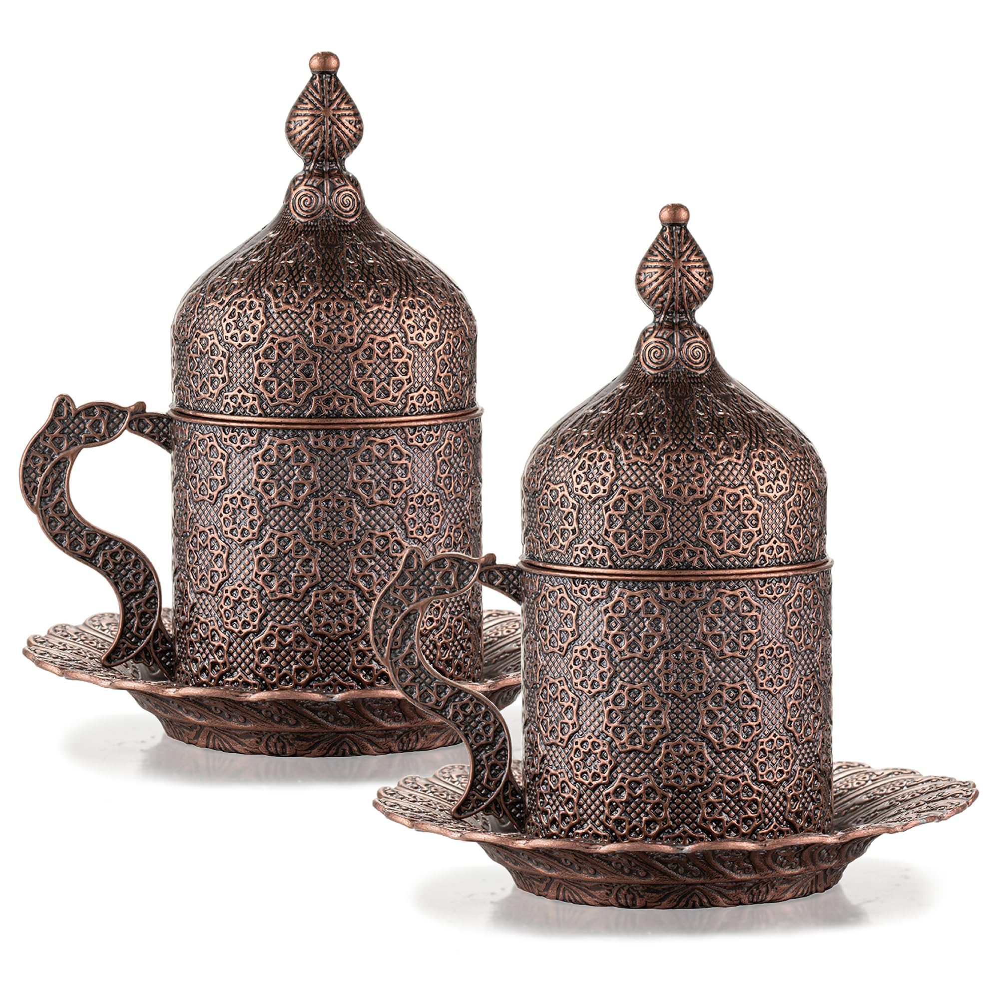 Photo 1 of 2 Pack 2 Oz Metal Porcelain Espresso Cup Set with Lid and Saucer, Turkish Greek Arabic Coffee Cup for Tea, Latte, Mocha, Gift Set for Men Women (Antique Copper)