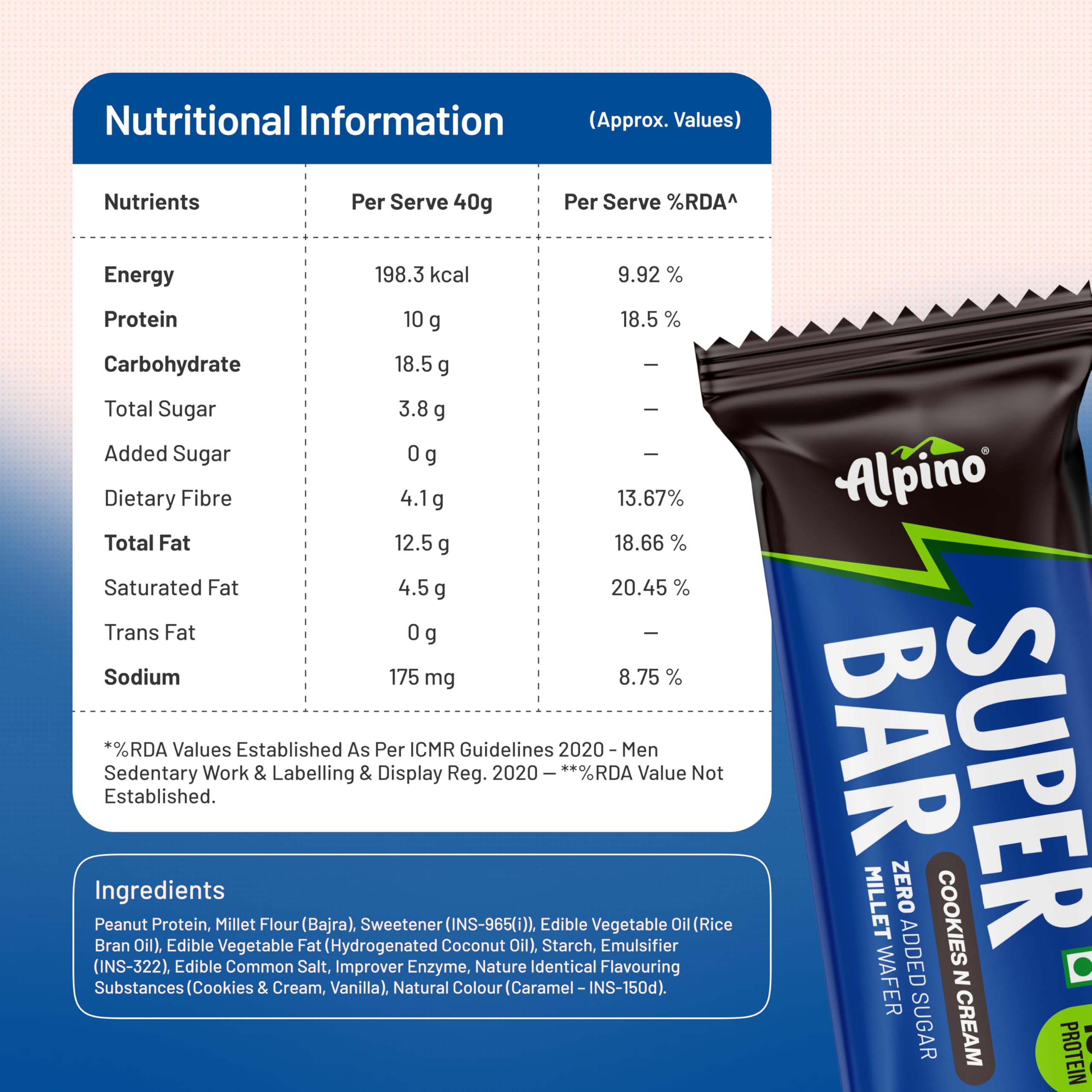 Alpino Super Bar Cookies N Cream 400gm(40gm x Pack of 10) 10% Protein, Millet Wafer, No Added Sugar, Post Workout Bar