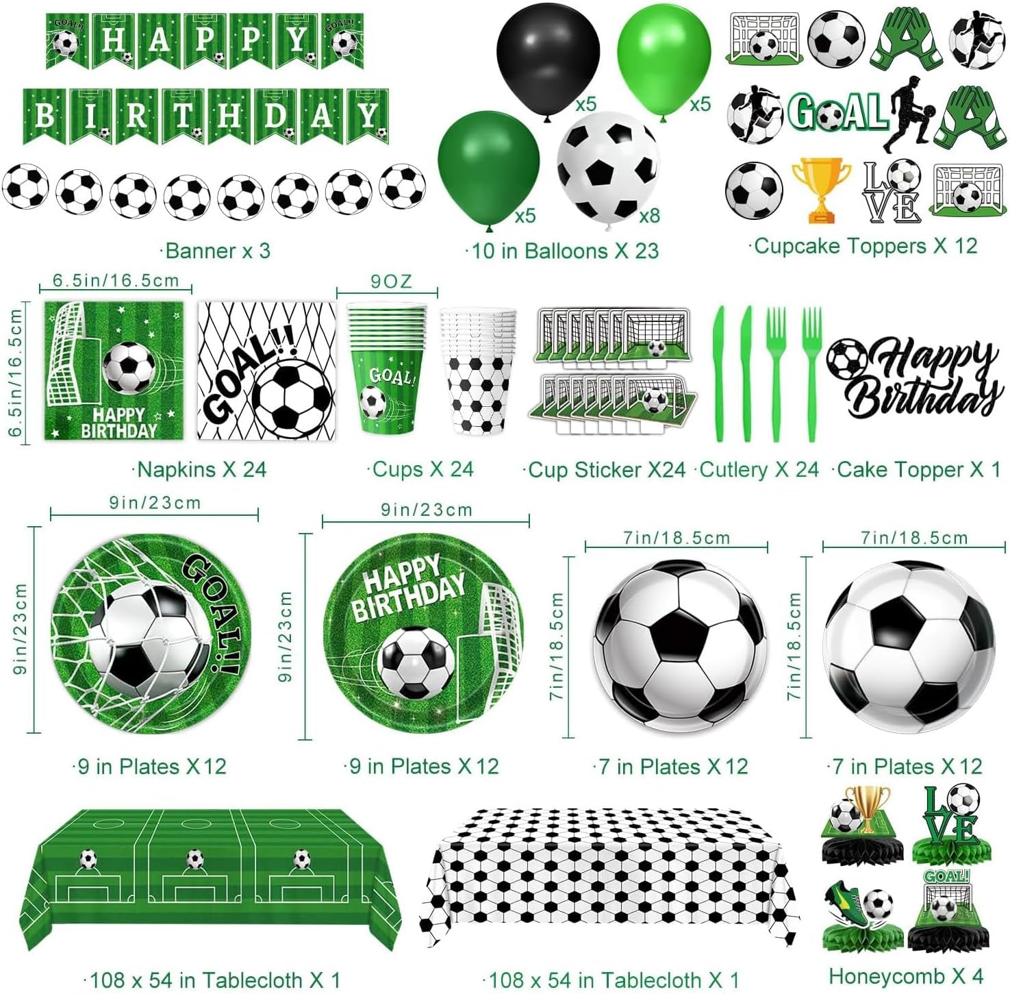 Soccer Birthday Party Decorations Includes Plates, Napkins, Cups, Tablecloths, Balloons, Cake & Cupcake Toppers, Honeycomb Centerpieces, Banner for Sport Soccer Party Decorations, Serves 24