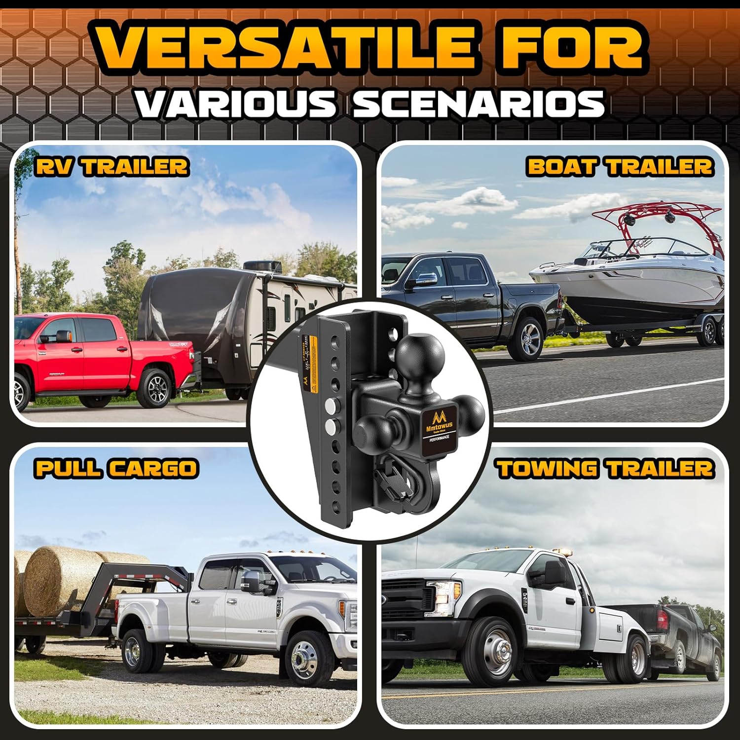 Adjustable Trailer Hitch -Drop Hitch -Tri Ball Mount w/Hook (1-7/8'', 2''&2-5/16''), Fits 2.5-Inch Receiver, 8'' Drop/Rise 15,000 LBS GTW Tow Hitch, 3 Ball Hitches for Trucks, RV, Camper etc