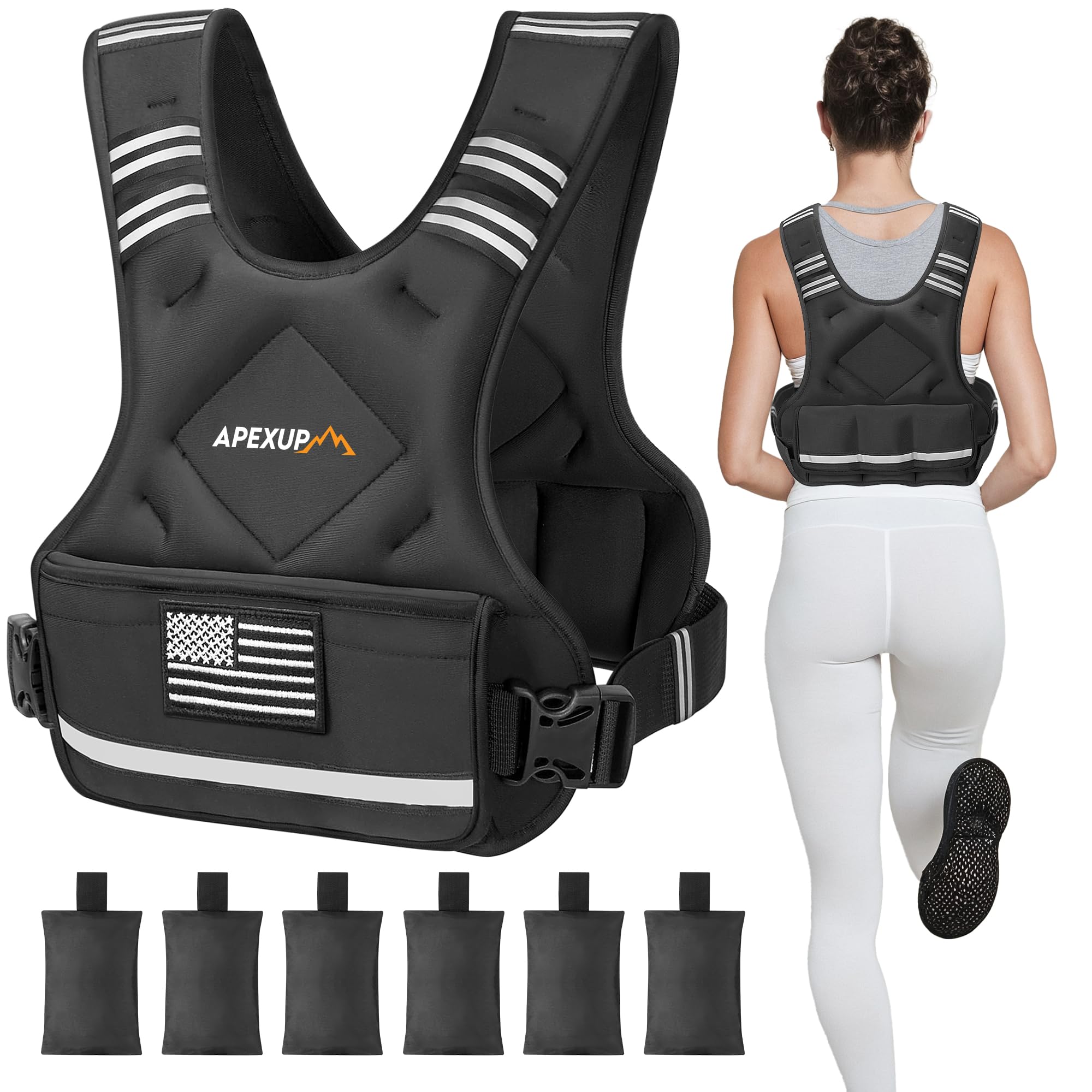 APEXUP Adjustable Weighted Vest, 4-10lb/12-18lb/20-32lb Vest with 6 Ironsand Weights and Large Pocket, Weight Vest for Men Women Strength Training, Running, Walking