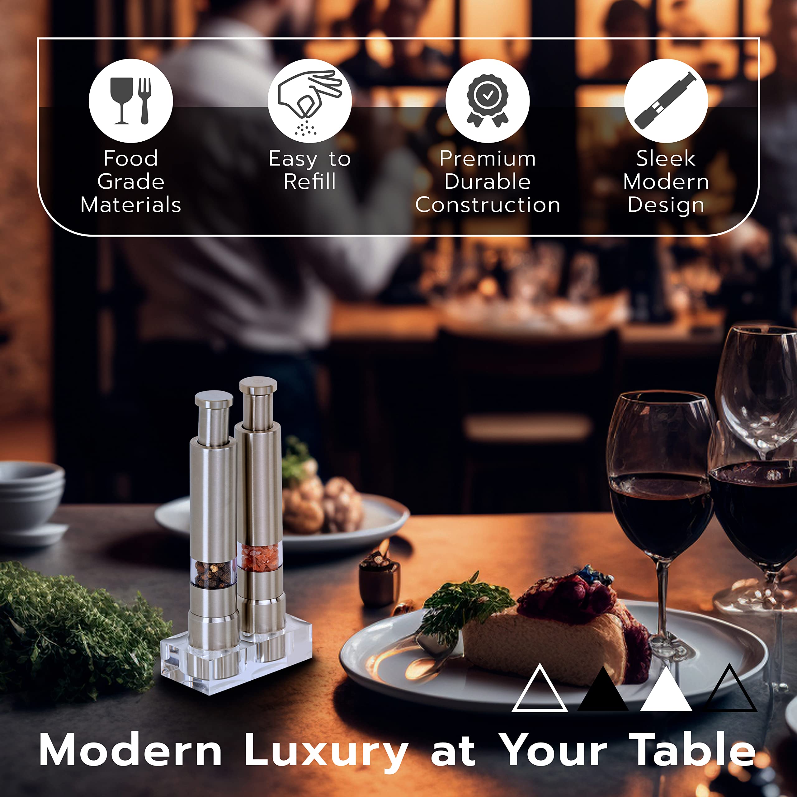 Modern Stainless Steel Push Button Salt and Pepper Grinder Set With Acrylic Stand by Loomloo Modern Luxury; Salt Shaker & Grinder for Spice- Black Pepper and Sea Salt