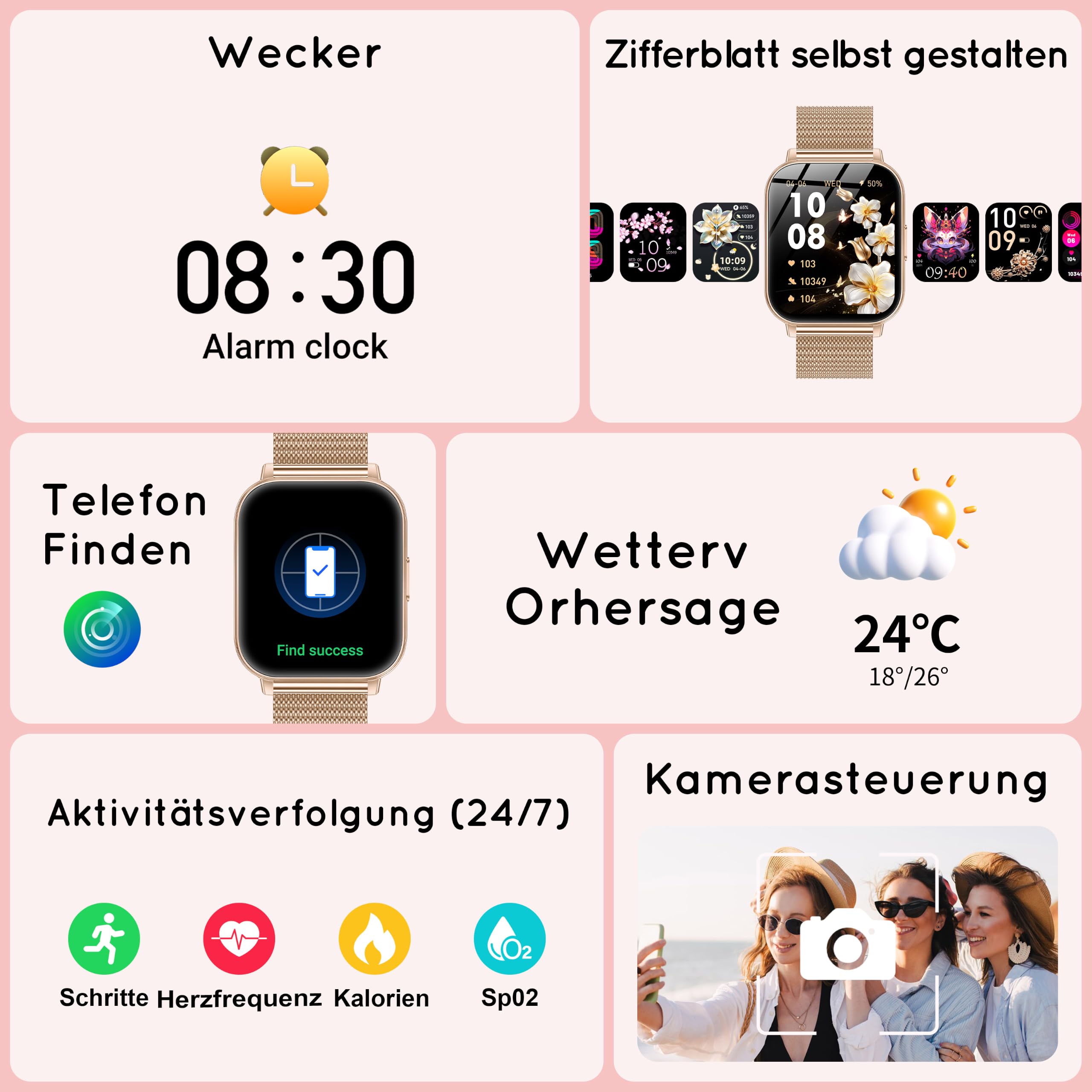 Smartwatch Damen mit Telefonfunktion 1,85" 30+ Tage Autarkiezeit Fitnessuhr Herzfrequenz SpO2 Schlaf Monitor 120+ Sportmodi 1000mAh iOS Android Roségold