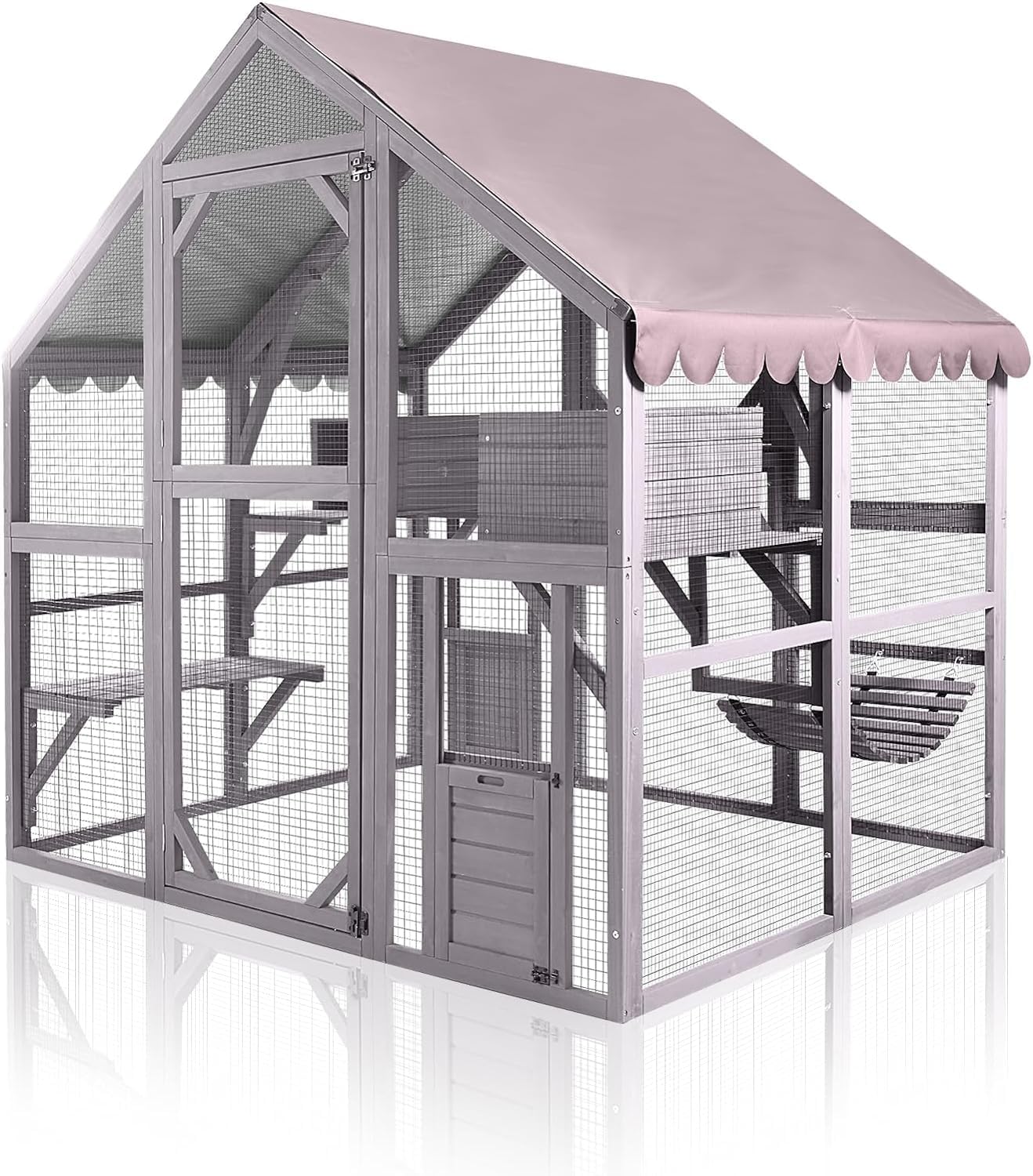 Recinto de Madera Catio para Gatos al Aire Libre Casa para Gatitos Corral Grande para Gatos con Refugio Pequeño Resistente a la Lluvia Interior, Puentes, Cubierta de Techo