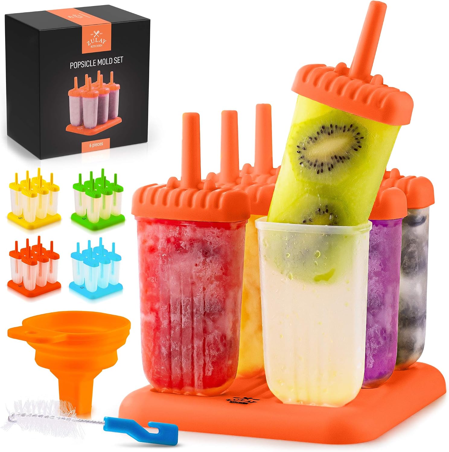Zulay Kitchen Popsicle Molds with Sticks - 6-Piece BPA Free Reusable Popsicle and Ice Pop Molds with Drip Guard - Easy Release Ice Popsicle Maker Mold Set with Tray, Funnel & Brush (Orange)