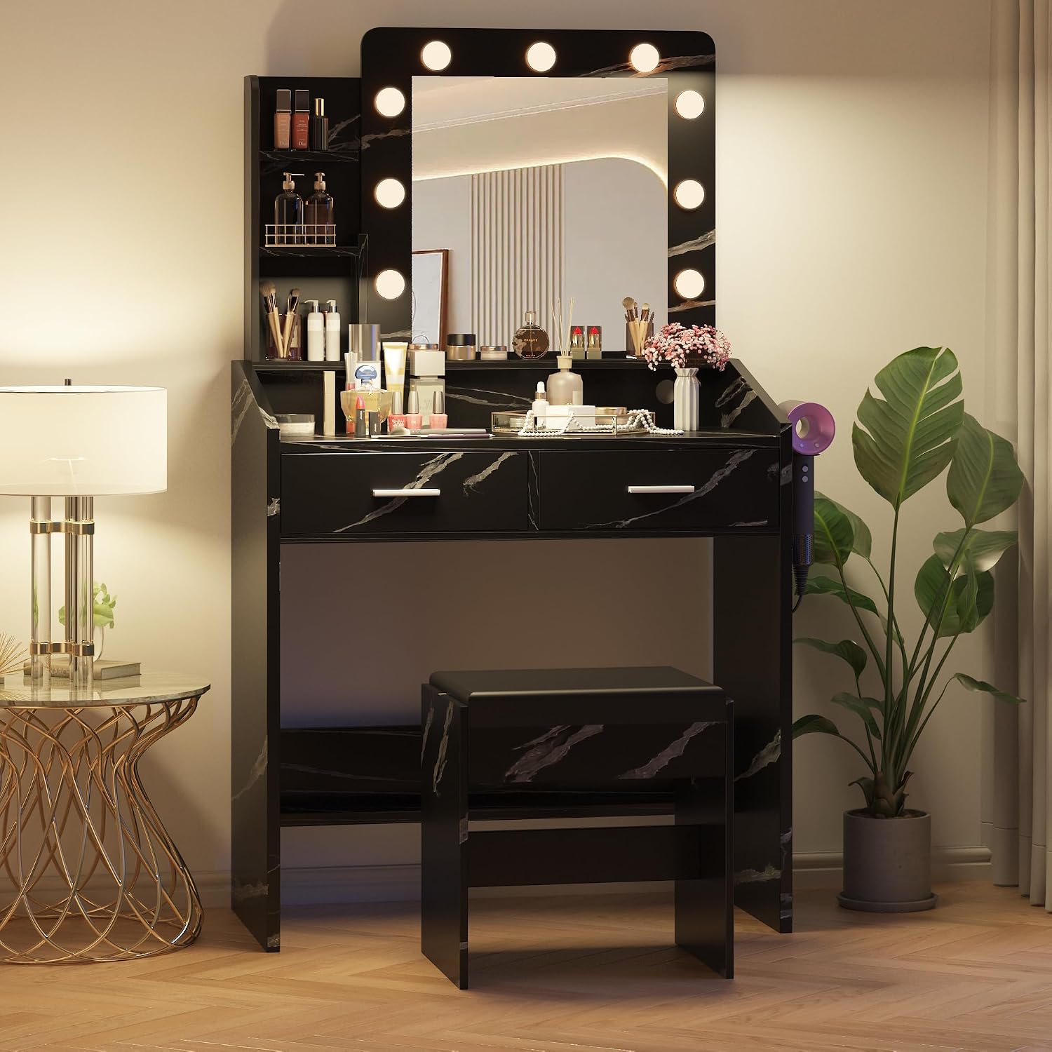 Jojoka Modern Makeup Vanity Desk Set with Mirror & Lights, 2 Drawers