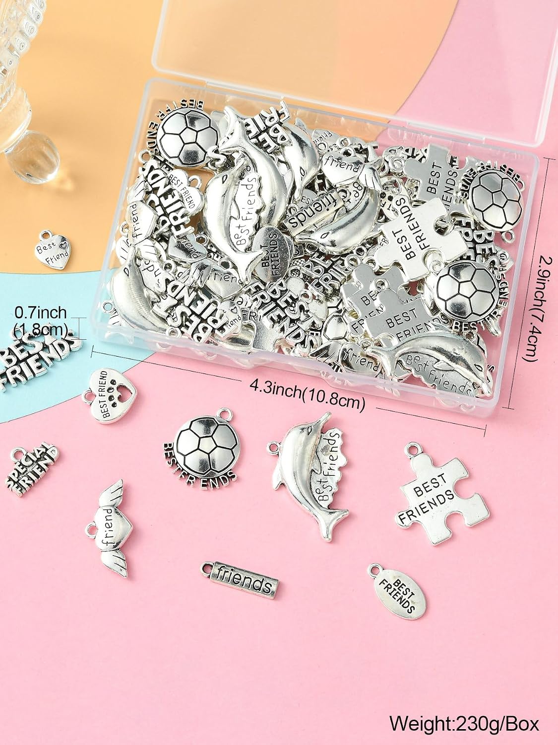 LiQunSweet 100 Pcs 10 Styles Mixed Shapes Antique Silver Best Friend Zinc Alloy Charms Vintage Heart Dolphin Jigsaw Puzzle Charms for DIY Jewelry Bracelet