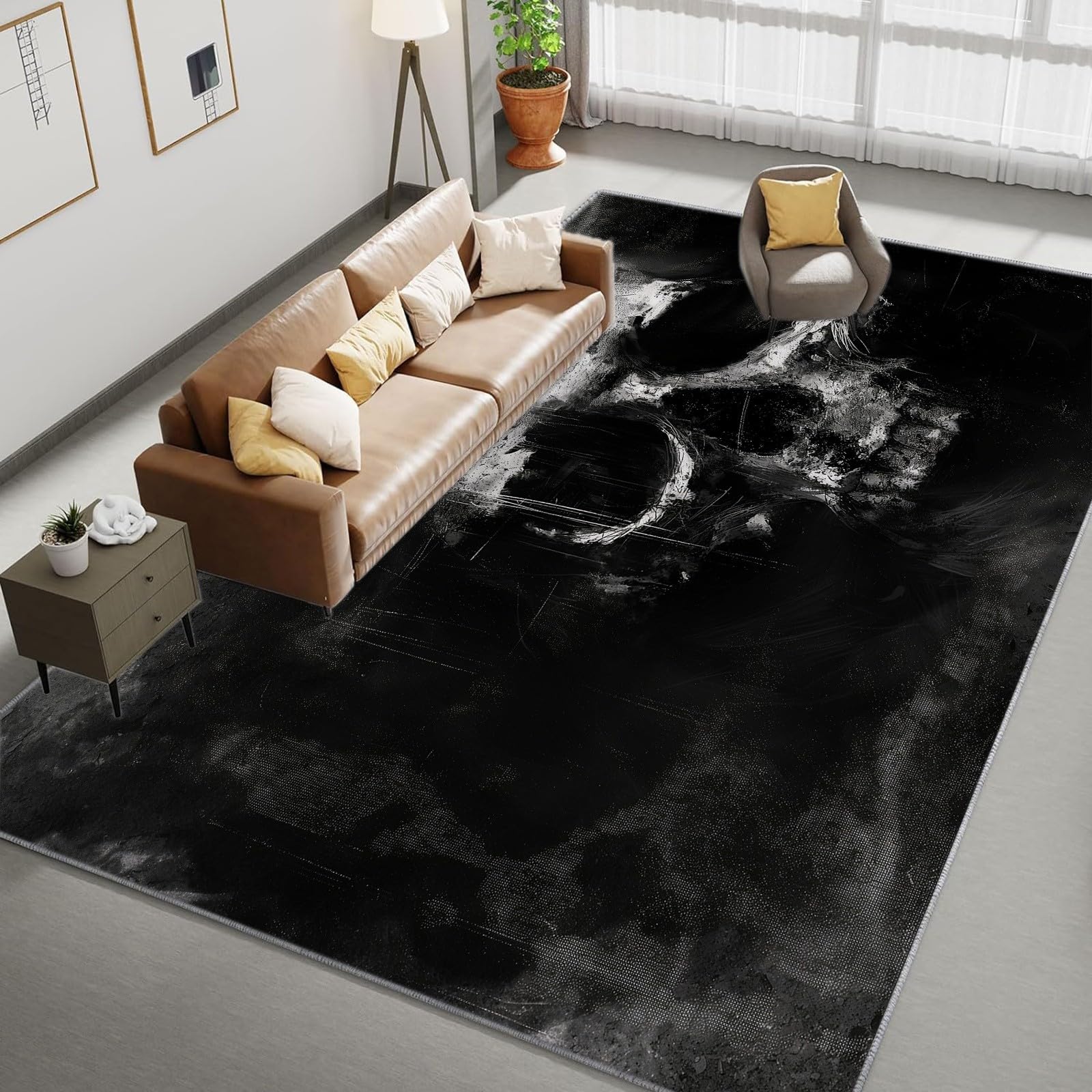 Generic Teppich 80x150 cm, Schwarz, Schädel, Totenkopf Im Dark-Fantasy-Stil, Rutschfest, Flanell, Wohnzimmer