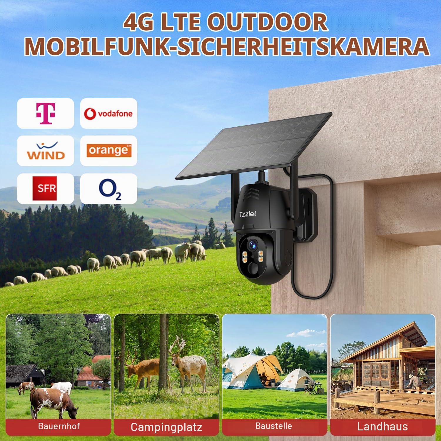 4G LTE Solar Überwachungskamera Outdoor Kabellos | Mit SIM Karte, PTZ-Pan-Tilt-Zoom, 2K HD Auflösung, Farb-Nachtsicht, PIR Personenerkennung (Alarmauslösung), IP66 Schutz (Staub/Wasserfest)