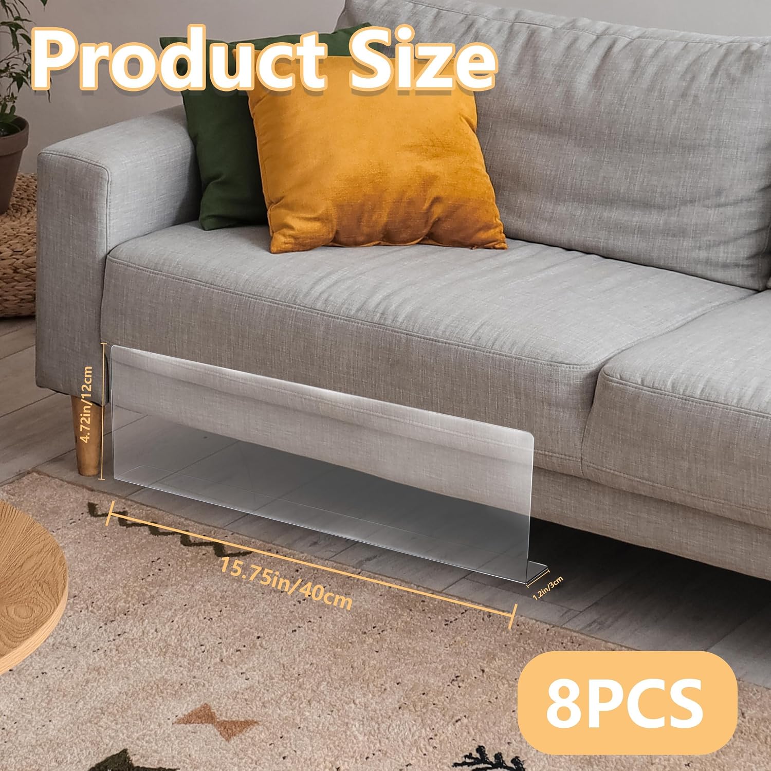 8 Pcs Clear Under Couch blockers with Adhesive 15.8" L x 4.7" H Each,Adjustable Sofa Gap Bumper Under Bed Blocker for Pets Toy blockers for Furniture,Stop Things from Going Under Sofa Bed