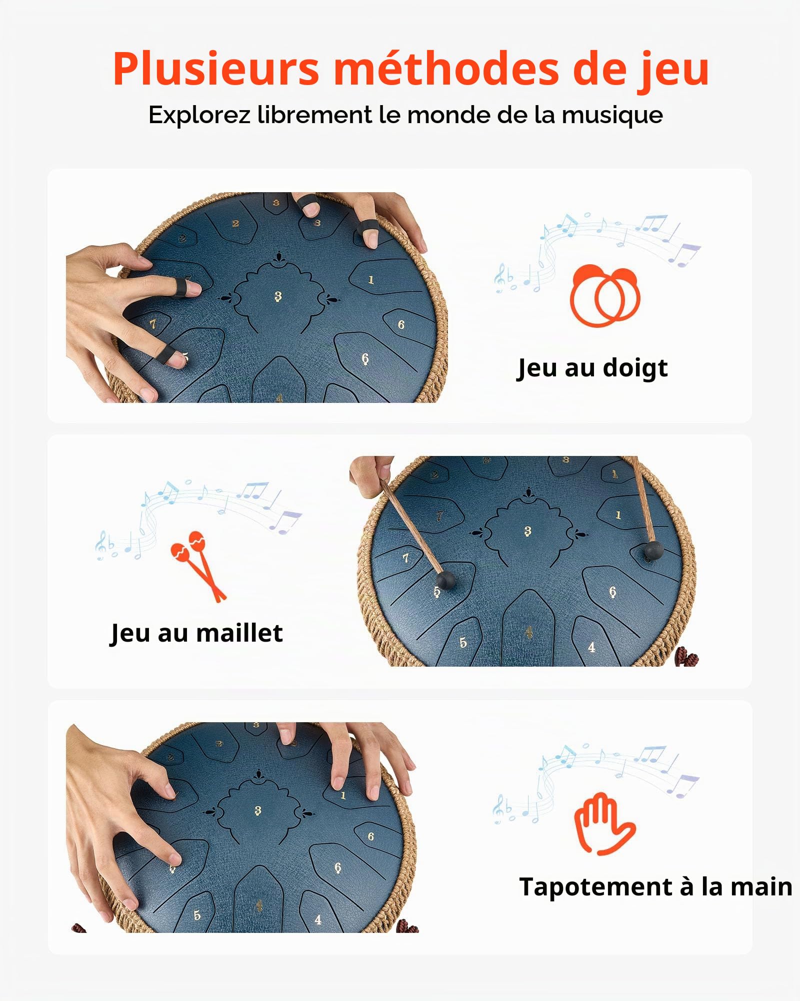 VEVOR Tambour à langue en acier, 330 mm, 15 notes, tambour de pluie pour jardin extérieur, ré majeur, avec livre de musique et maillets, instrument de percussion pour éducation musicale, bleu marine
