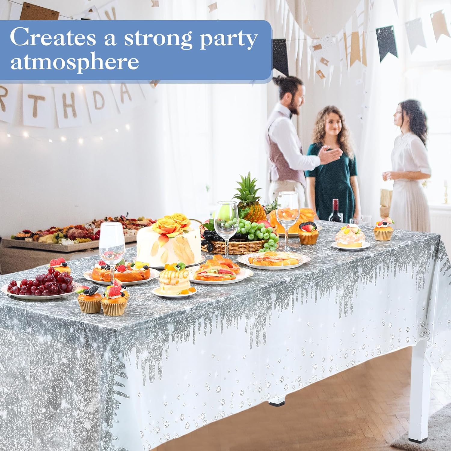 Ganeen 3 Pcs Silver Tablecloths Glitter Diamond Disposable Plastic Table Cover Sequin Printed Rectangle Tablecloths for Girl Women Birthday Wedding Party Decor Supplies, 54 x 108 Inch