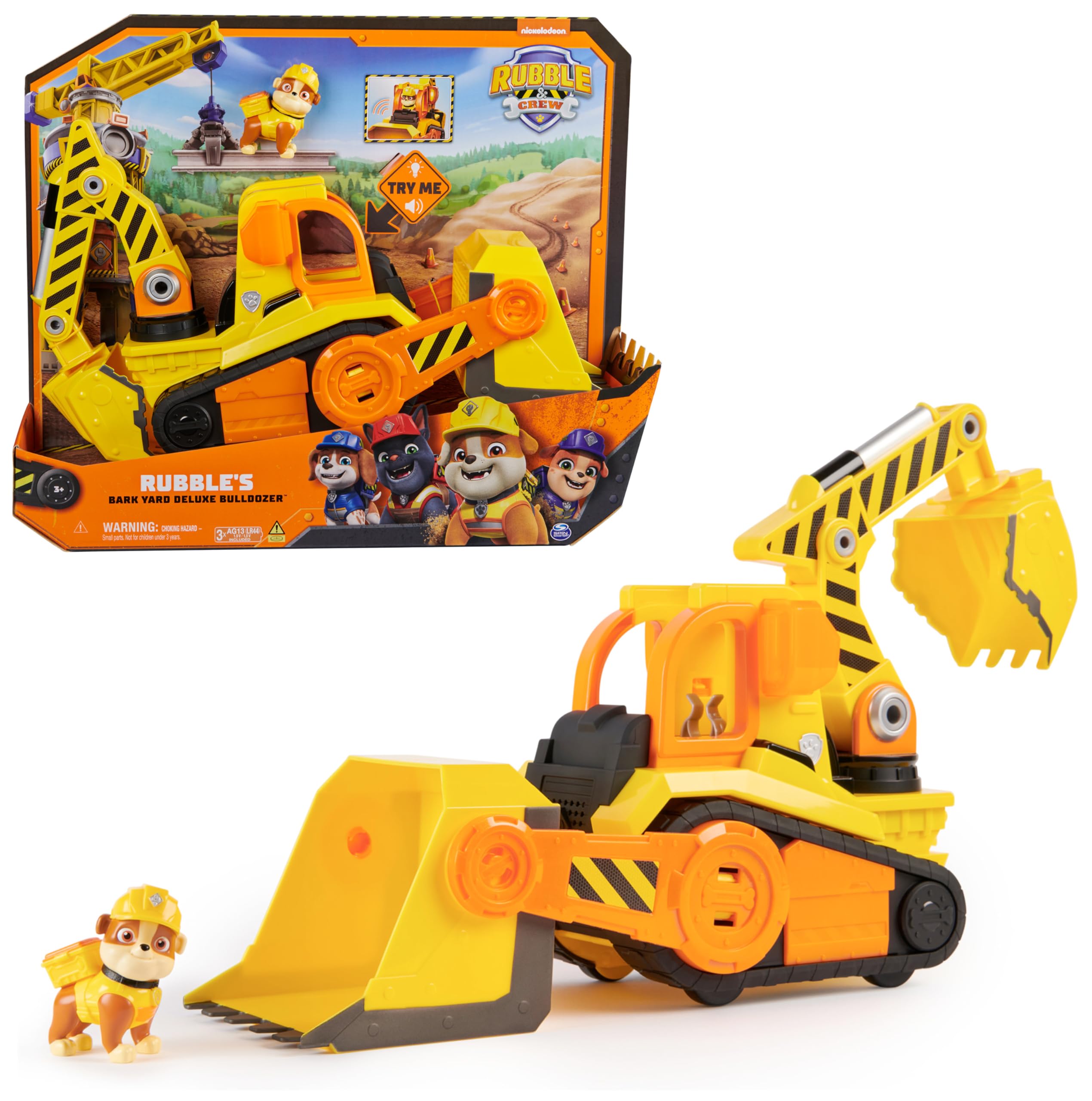 Rubble & Crew, Veicolo da lavoro Deluxe di Rubble, Bulldozer da cantiere con luci, suoni e personaggio, giocattoli per bambini e bambine dai 3 anni in su