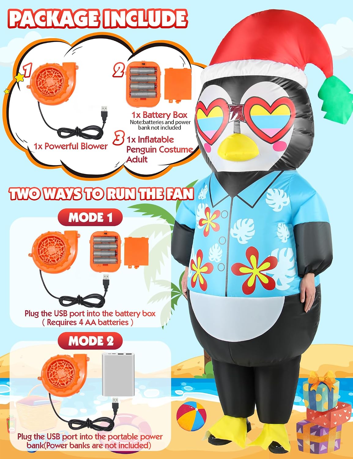 Christmas in July Inflatable Penguin Costume Adult Men Funny Tropical Hawaii Blow Up for Party Cosplay Holiday Outfit Women