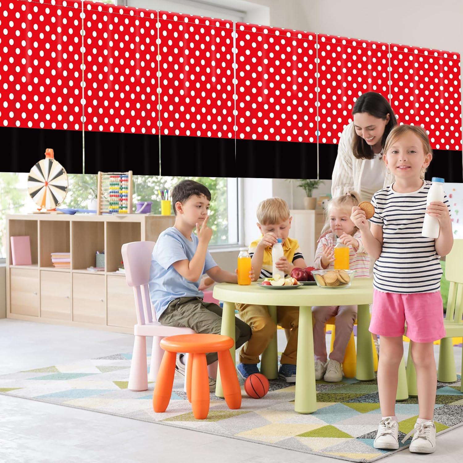 6 Pcs Classroom Curtains Decorations Rectangle Classroom Valance Curtains Back to School Window Drapes Red and Black Polka Dot School Valance for Kindergarten Daycare Primary Bedroom Playroom Decor