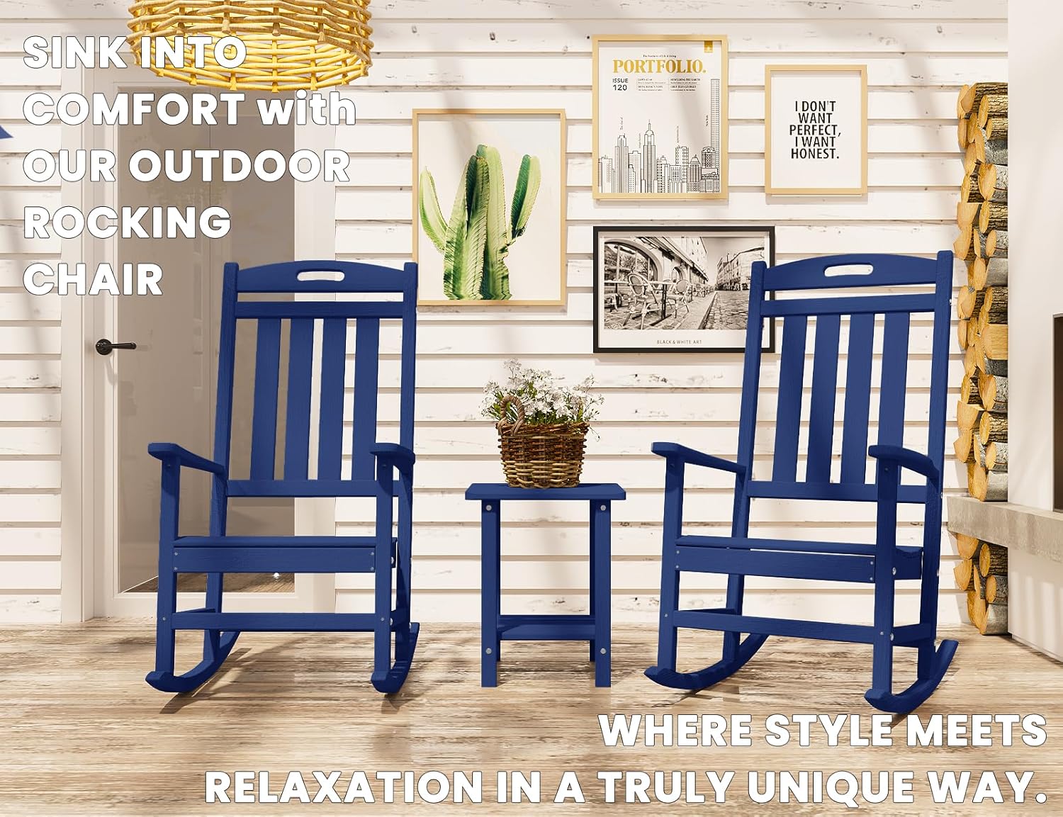 Outdoor Rocking Chair Set of 2, High Back HDPE Patio Chair, All Weather Porch Rocker, Lawn Chair for Deck, Porch, Backyard, Garden, Navy