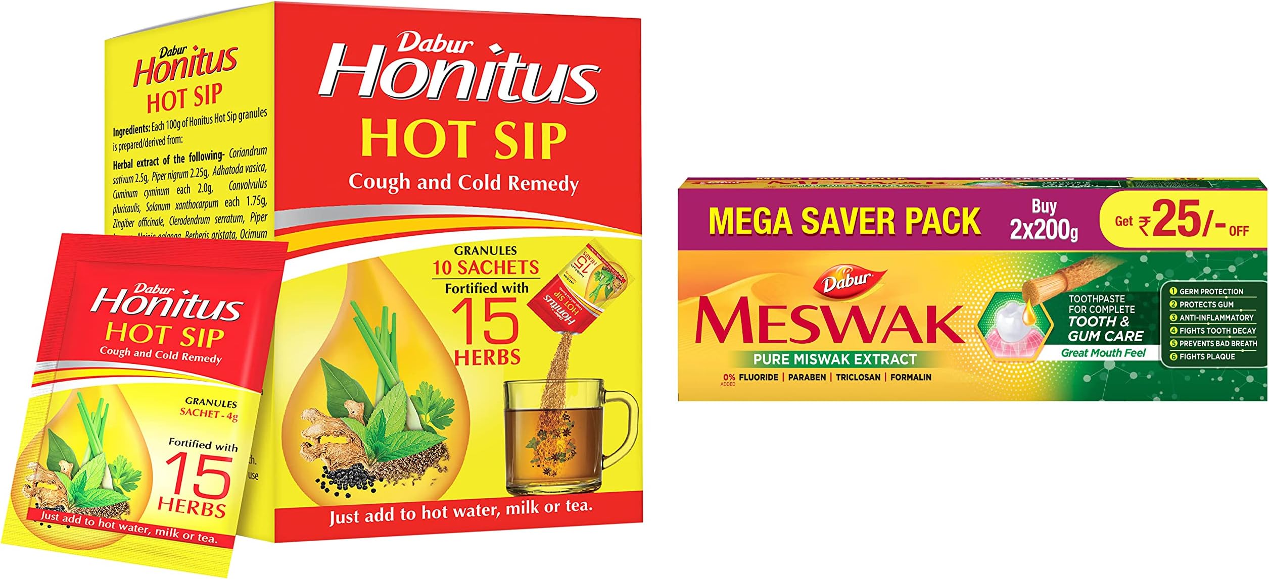 Dabur Honitus Hot Sip Ayurvedic Kadha 4g Pack of 30 Sachets Cough & Cold Relief & Dabur Meswak Complete Oral Care Toothpaste 400g Pack of 2 Tooth Decay, Cavity, Gum Protection