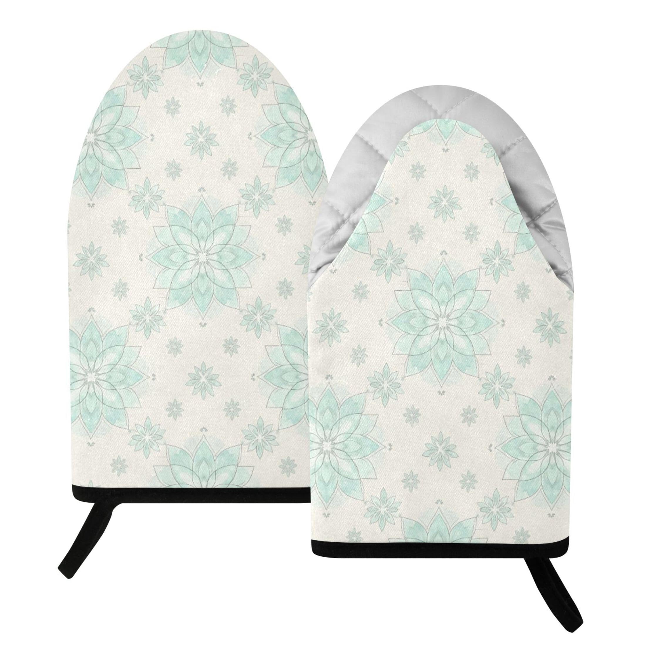 Fuauuyl Oven Mitts Heat Resistant Kitchen Gloves, Watercolor Mandala Floral Classic Oven Gloves with Hanging Loop for Baking BBQ Cooking Grilling, 1 Pair, 9.5 in