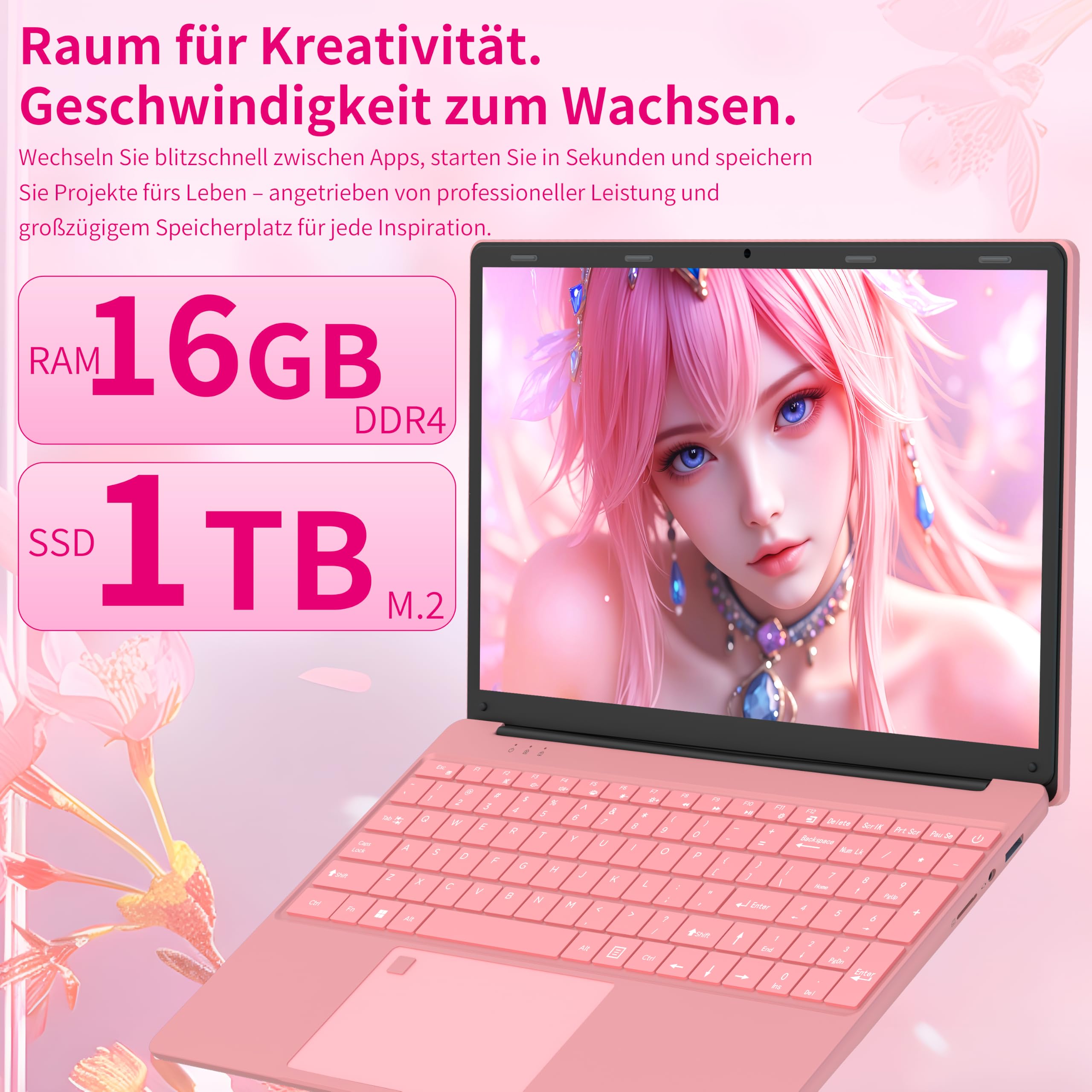 Amita Rosa Laptop 15,6 Zoll Full HD, 16 GB RAM, N95 Prozessor, Notebook mit beleuchteter Tastatur und Nummernblock, WiFi 5/BT 4.2, Mini HDMI (16GB RAM | 1TB SSD)