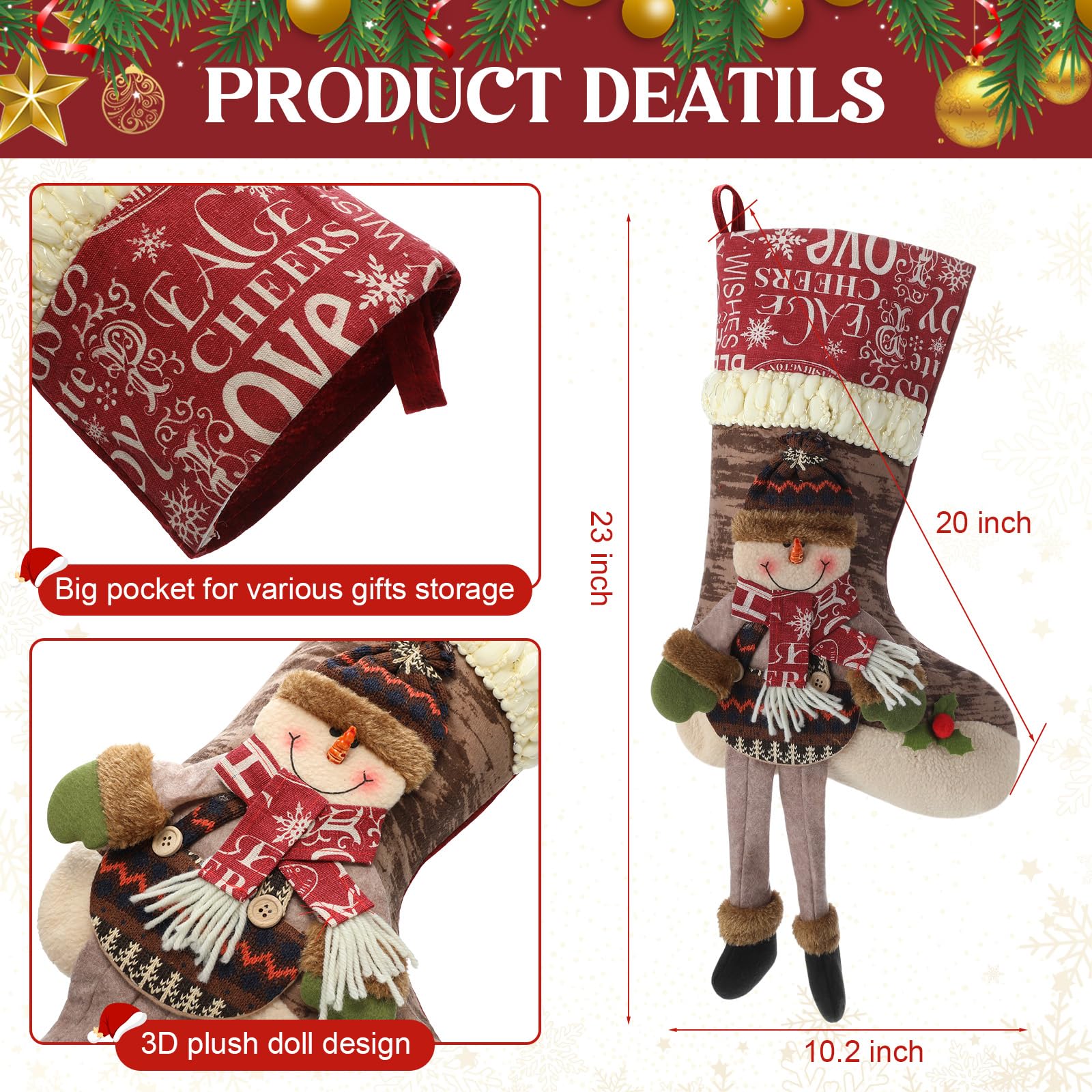 Foaincore Weihnachtsstrümpfe mit 6 Stück Weihnachtsstrumpfhalter aus Zinklegierung, 3D-Weihnachtsmann, Schneemann, Rentier, Kamin, verstellbare Halterungen für Weihnachten, Familie, Urlaub, Kaminsims