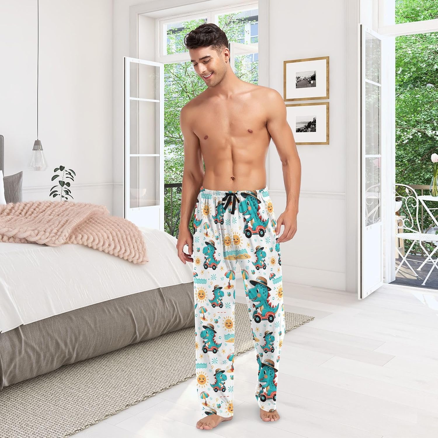 ALAZA Dinosaur Driver Dino Men's Sleepwear Mens Pajama Pants Bottoms with Pockets, S