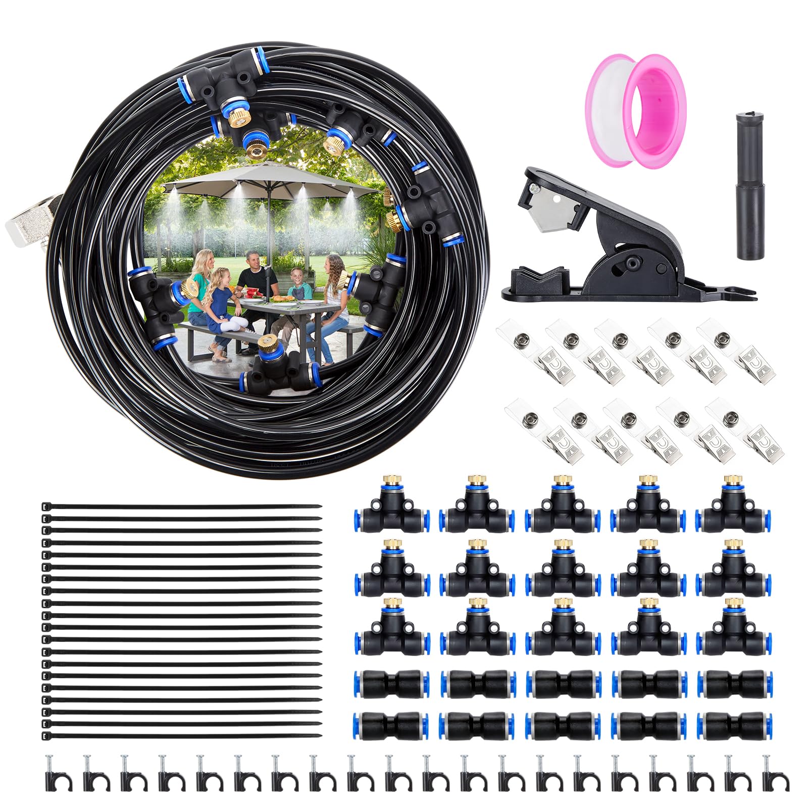 15M AGPTEK Kit de riego sistema de nebulización, 79PCS con 15 boquillas de niebla con junta en T, sistema de refrigeración exterior por niebla, nebulizador para terraza, jardín
