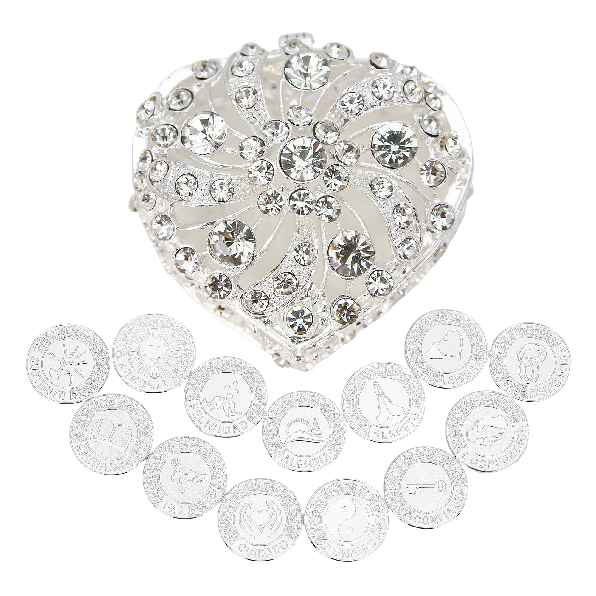 TINGKU 13 Spanish Words Las Arras para Boda Catolica, Wedding Unity Coins Set with Heart Shaped Box, Bodas Accesorios for Wedding Ceremony, Aras de Matrimonio-Silver Coins DD — image 1
