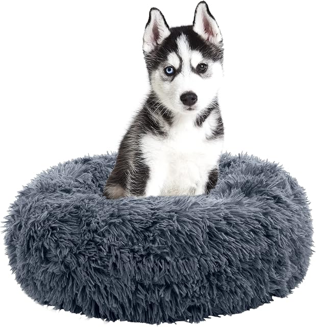 Fur & Bone Round Plush Donut Dog Cat Bed | Fluffy Cuddler Pet Cushion Self-Warming Beds | Washable Dog Bed with Non-Slip and Waterproof Bottom Calming Dog Bed - (50cm, Dark Grey)