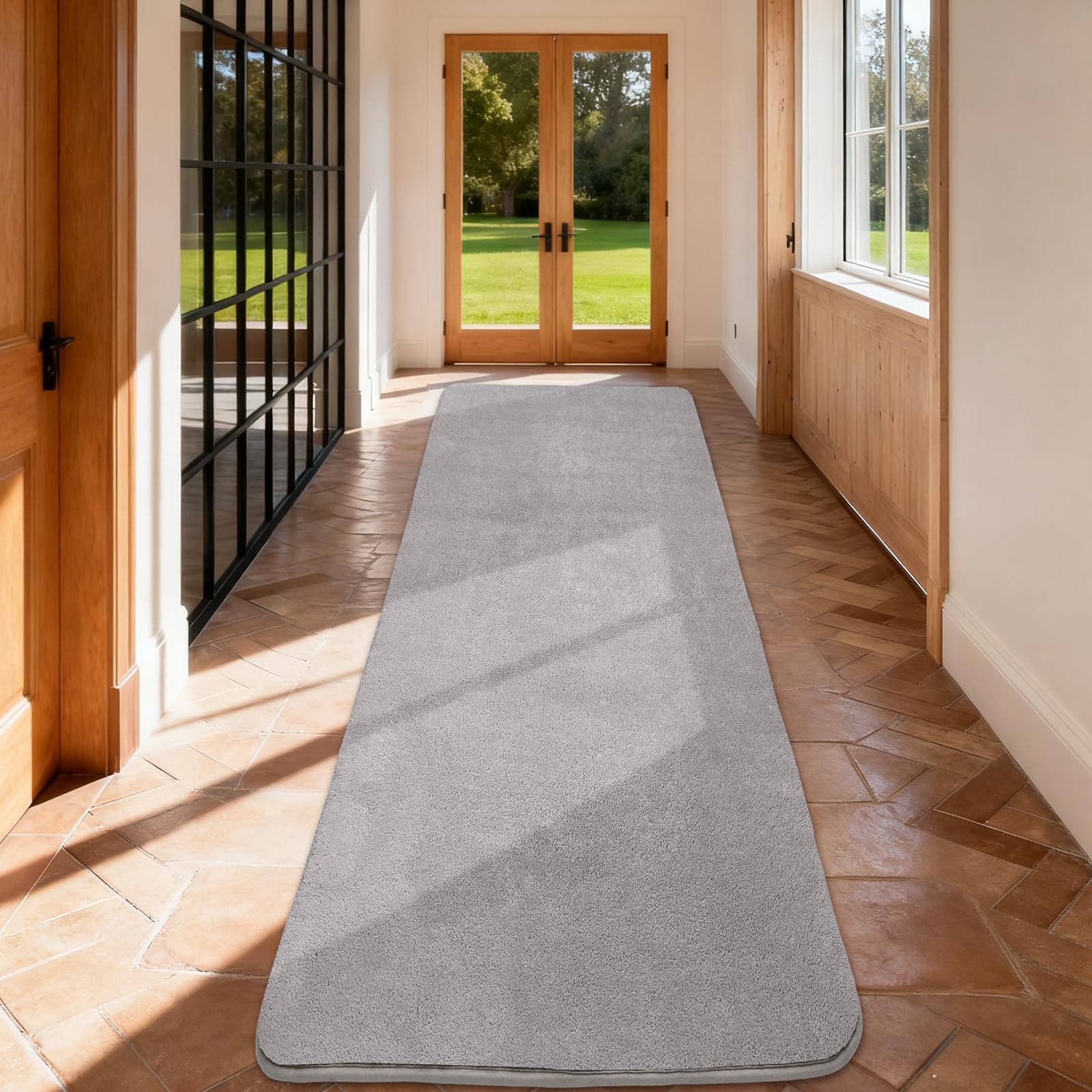 Tapis couloir long uni 60x200cm lavable et moderne gris