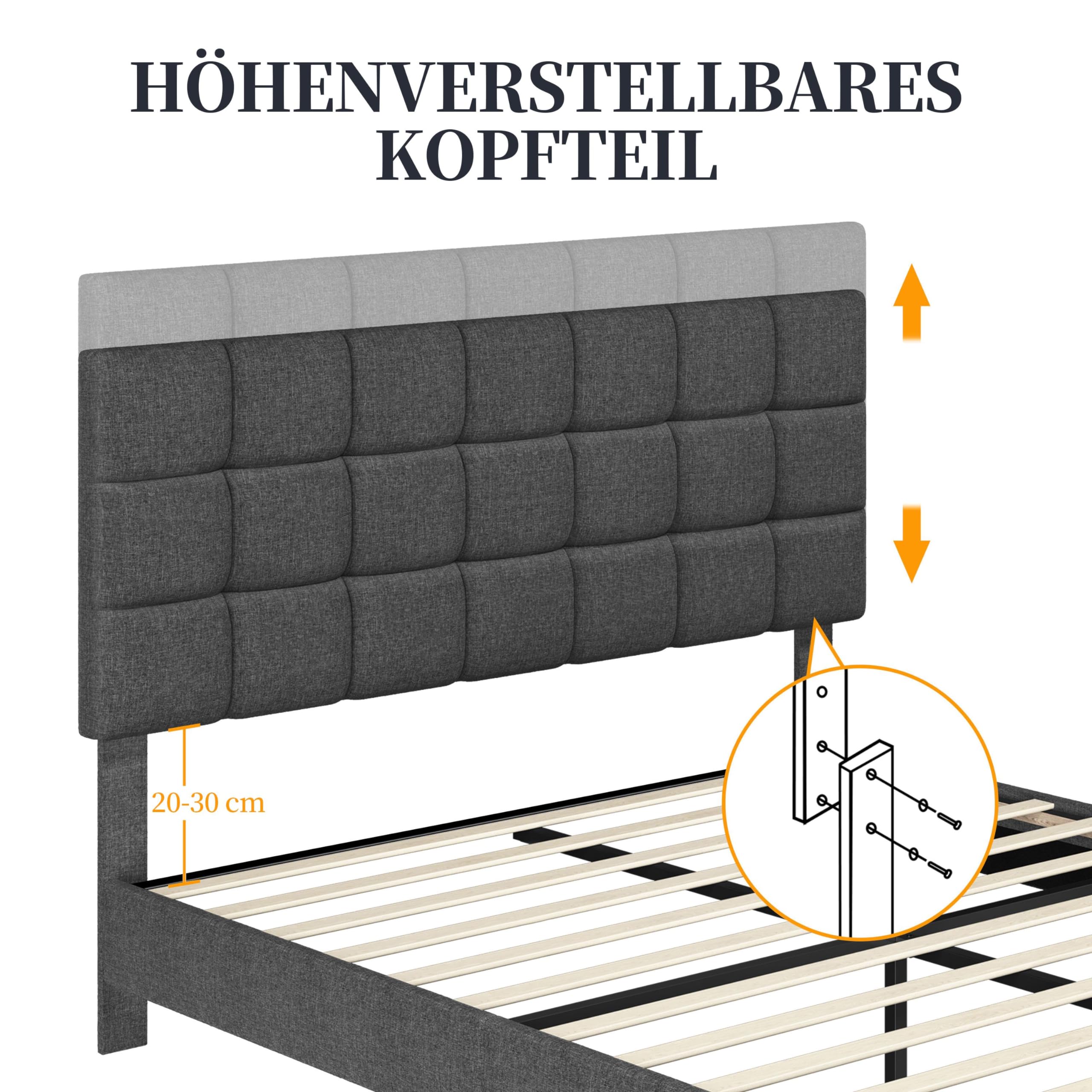 Yaheetech Polsterbett 140 x 200 cm Doppelbett mit Höhenverstellbarem Kopfteil, Stabiler Bettrahmen Stoffbett mit Lattenrost, Gepolstertes Bettgestell Jugendbett, Dunkelgrau