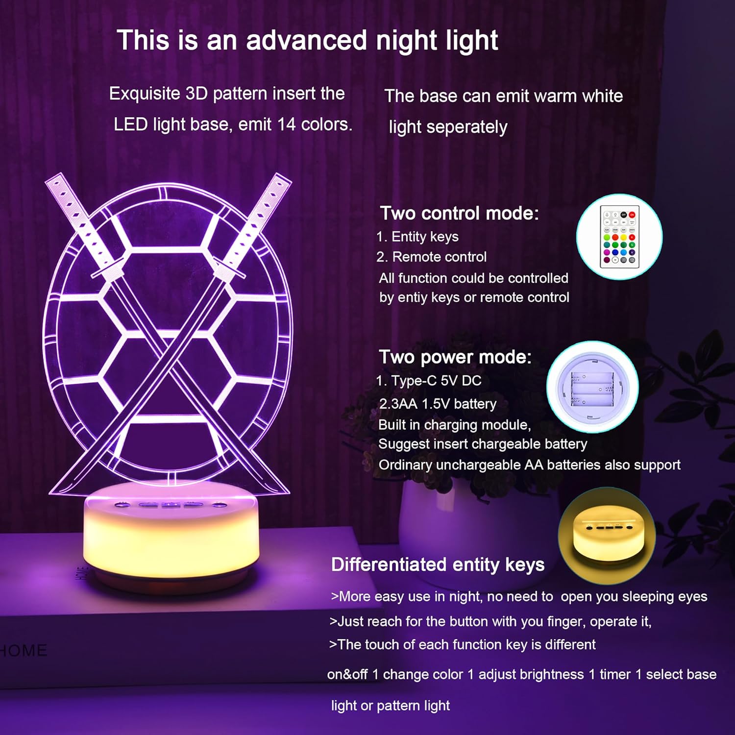 Samurai Sword Night Light Magical Turtle Decorative Light Children's Room Decorative Art, 14 Color Ambient Light, Birthday Gifts for Boys, Fan Gift for Anime