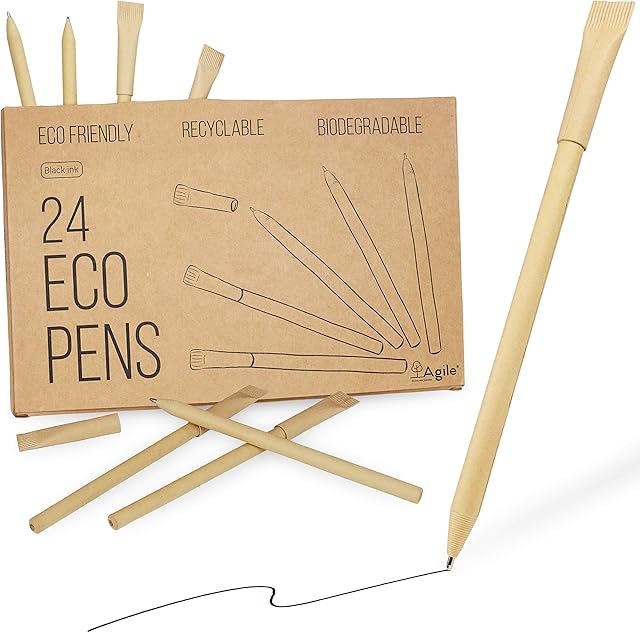Agile Home and Garden Eco Friendly Pens with Low-Waste Packaging (Pack of 24) - Back to School Supplies, Vegan Eco Friendly Biro Pens Black - Eco Friendly Products - Eco Friendly Christmas Gifts
