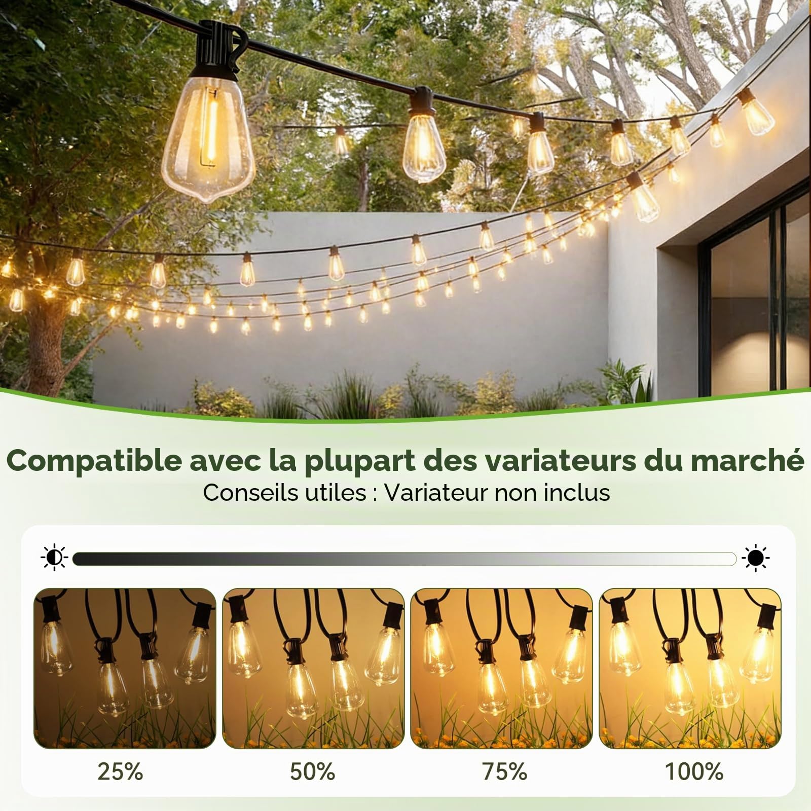 Guirlande Lumineuse Extérieure ST38 LED 45m 150ft, 75 LED + 2 Ampoules de Rechange, IP44 Étanche Dimmable, Blanc Chaud 2200K, Grande Décoration Jardin Parc Événements Professionnels