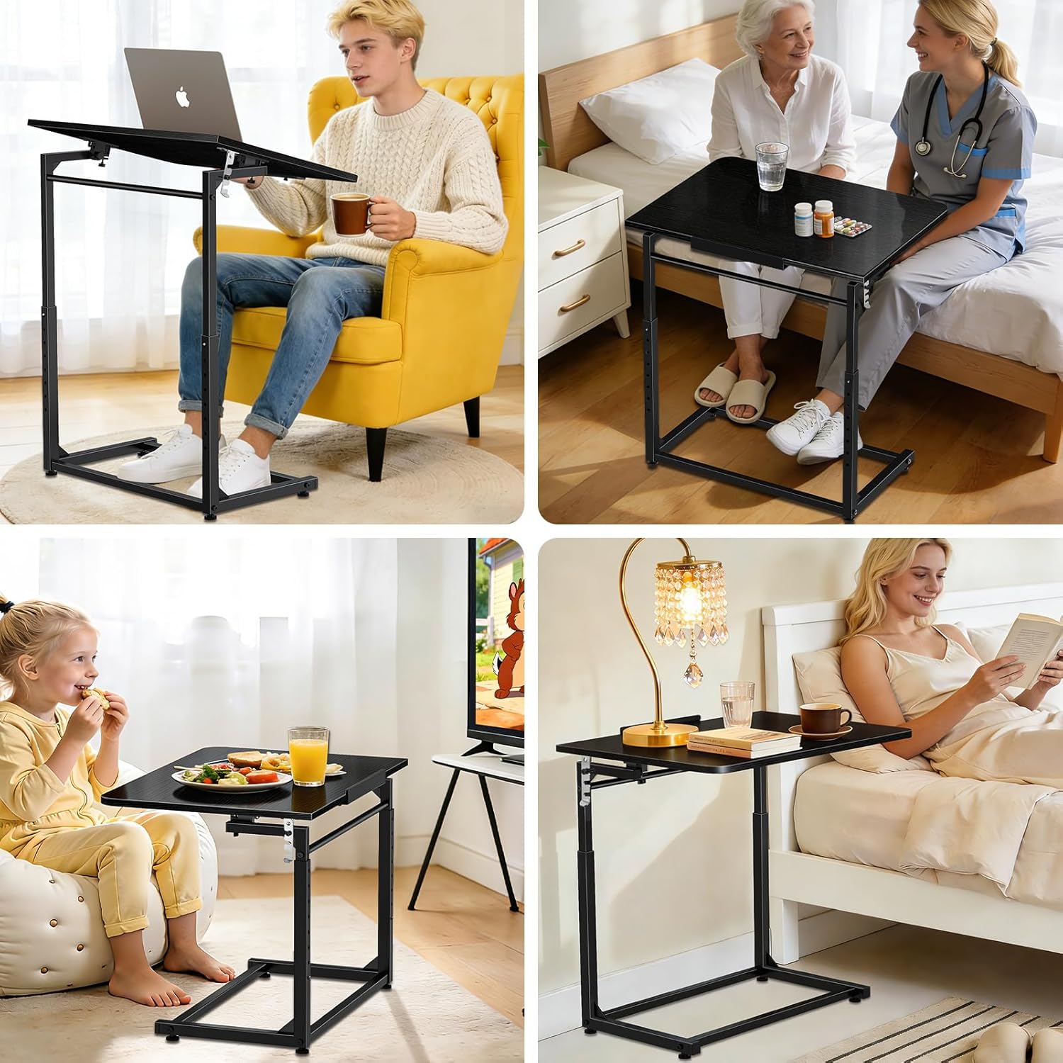Tv Tray Table Set of 2,Extra Large Dinner Food Tray Table,Couch&Bed Eating Desk,Heavy Duty Folding Laptop Side Table with 8 Height&90° Tilt Adjustable,C-Shaped End Table with Phone Slot Black