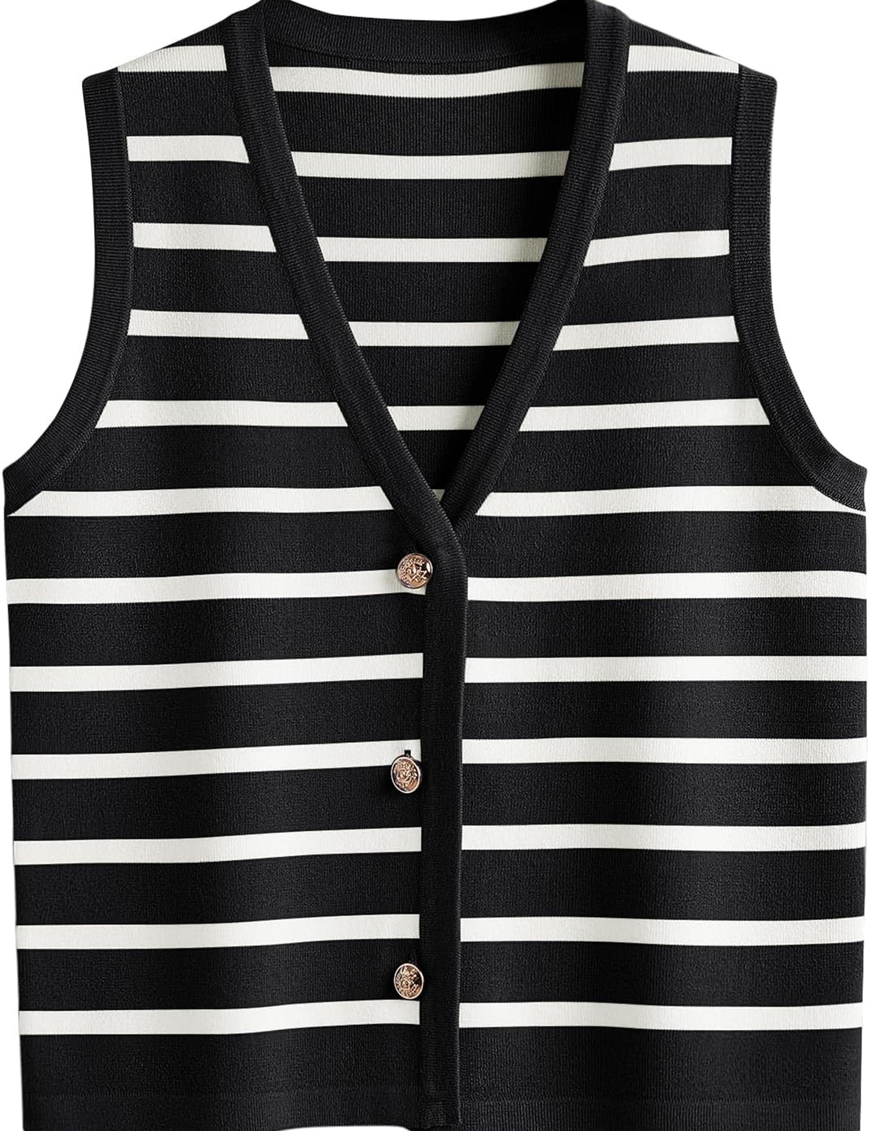 Women V Neck Sweater Vest Button Striped Knit Sleeveless Tops Summer Crop Crochet Tank Trendy Business Casual Outfits