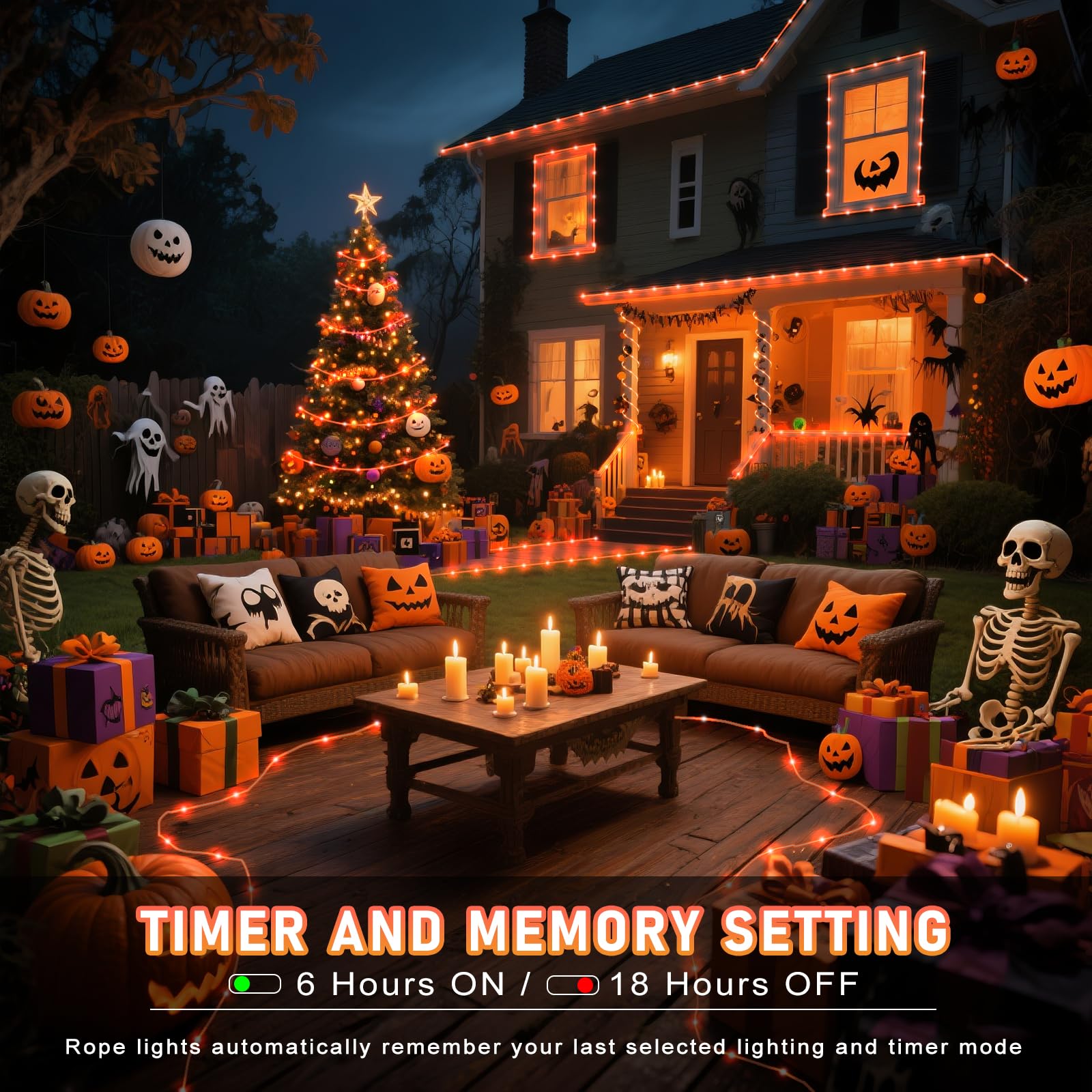 Luci a corda per esterni, 300 m, 300 LED arancioni, luci di Halloween con 8 modalità impermeabili, collegabili, luci a tubo trasparente per esterni, giardino, cortile, patio, terrazza