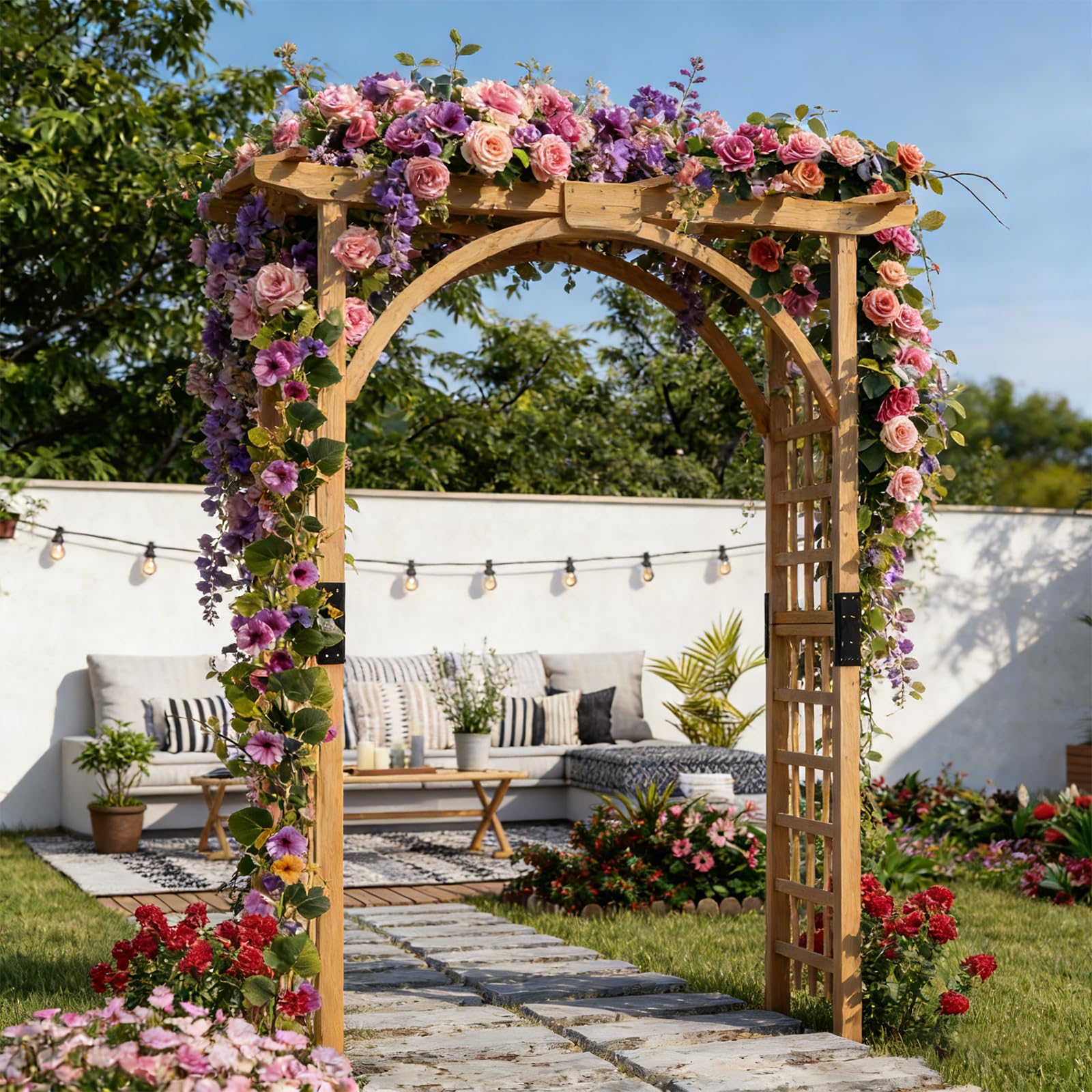 GYMAX Arche de Jardin en Bois Massif pour Plantes ou Fleurs Grimpantes, Arche en Treillis à Rosiers Lumières pour Décoration Extérieure de Fête Mariage, 134 x 213cm