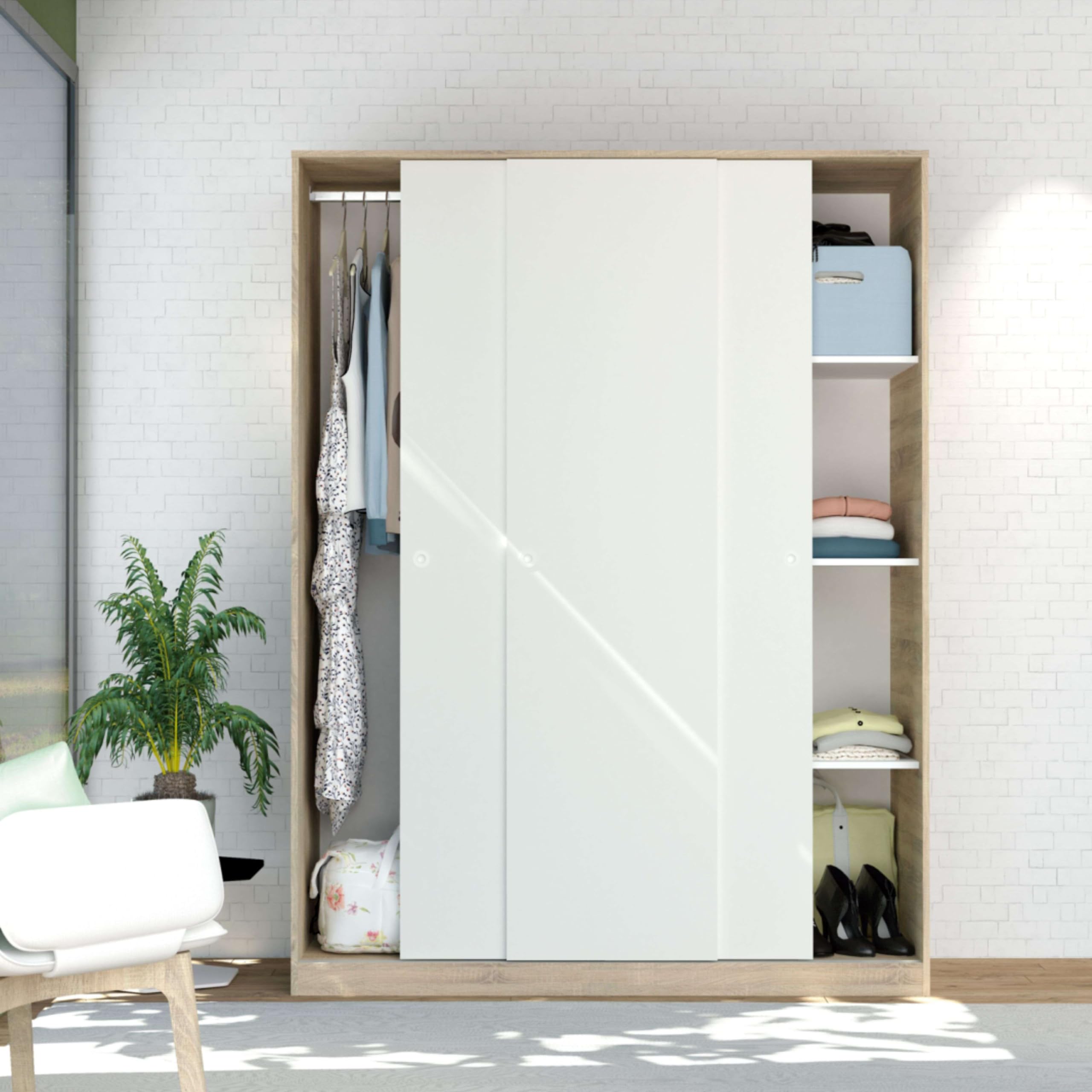 MUEBLES PITARCH Armario Grande Tibet con 3 Puertas Correderas Roble Cambrian, Blanco Mate o Roble y Blanco 150x200cm
