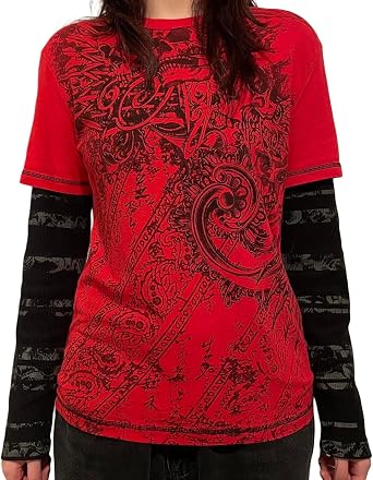 Pivanzore Women Y2k Long Sleeve Fake Two-Piece T-Shirts Gothic Grunge Graphic Crew Neck Top Tees Baggy Halloween Streetwear