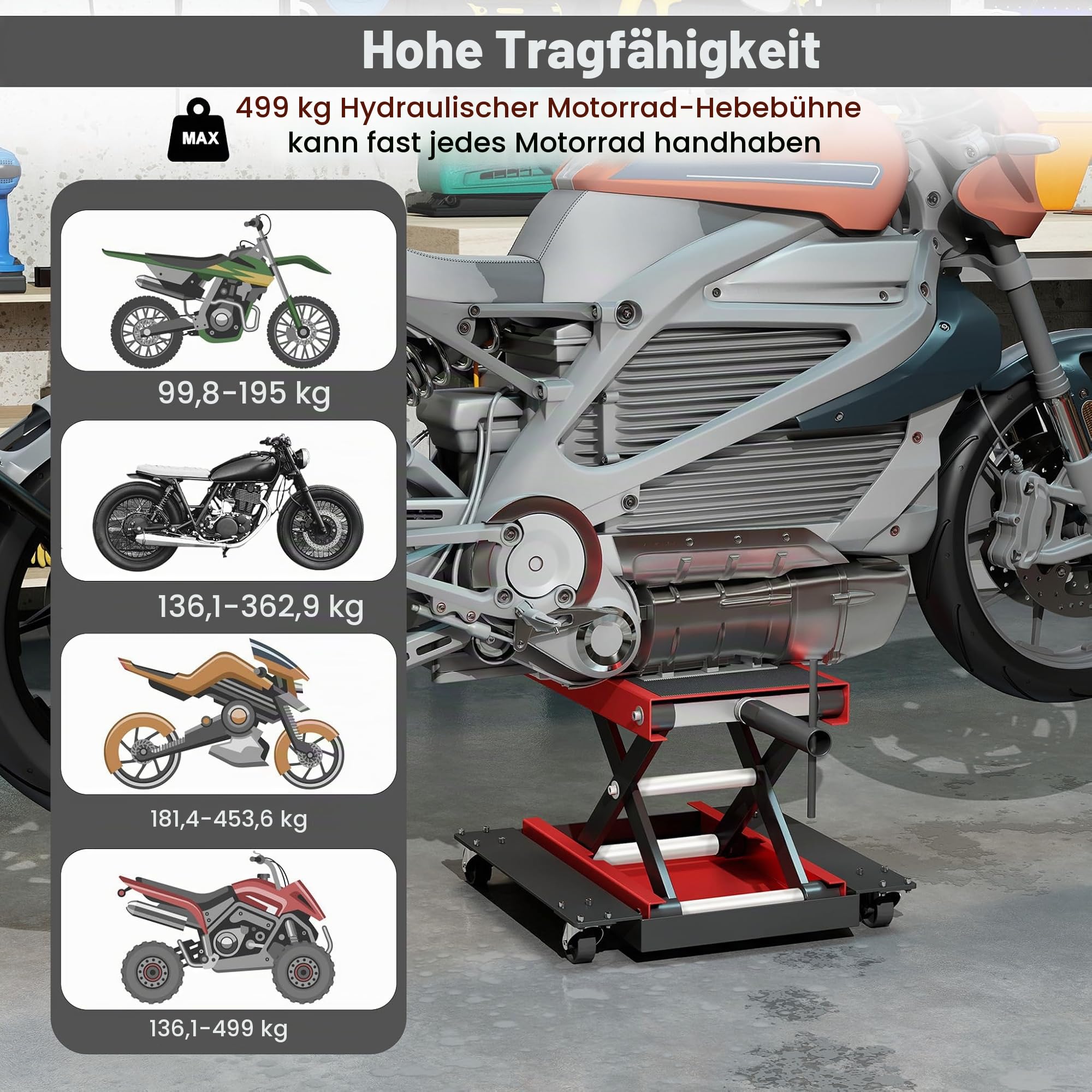 UISEBRT Rangierhilfe Motorradheber mit Rollen, höhenverstellbar bis 500 kg, Motorradhebebühne für Reparaturen von Motorrädern, ATVs & Quads, Einsatz in Garage