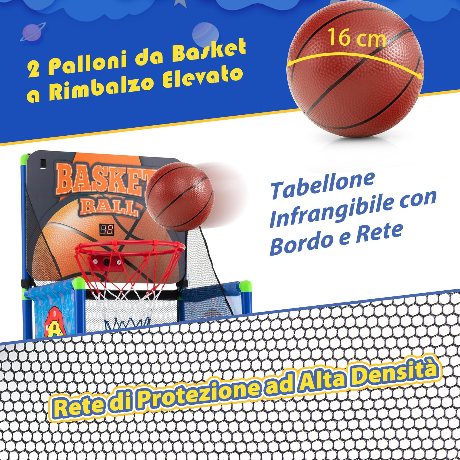 COSTWAY Macchina da Pallacanestro per Bambini, Set Giochi 2-in-1 da Interno ed Esterno per Basket e Palline Attaccanti con Segnapunti Elettronico ed Effetti Sonori, Regalo per Bambini e Bambine 3+
