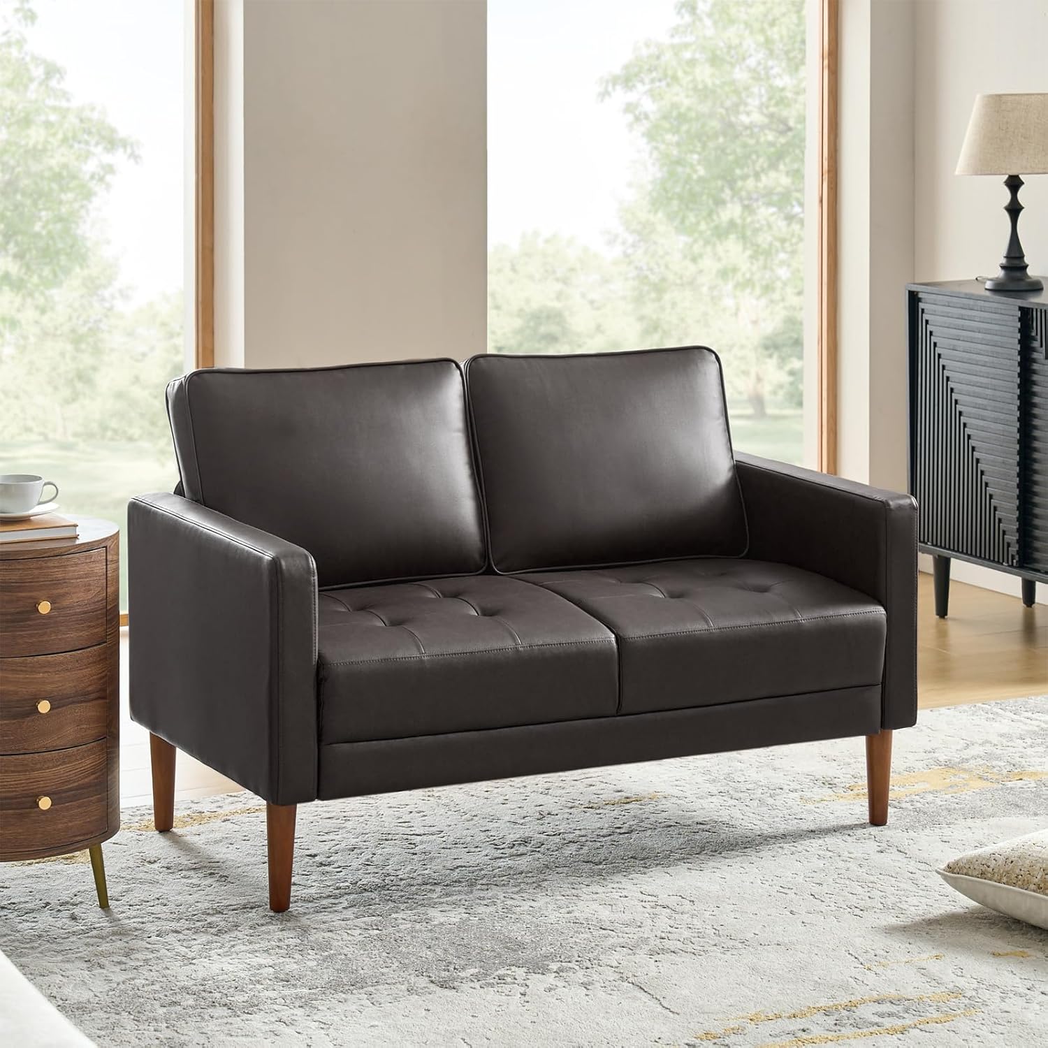 HULALA HOME Mid-Century Modern Faux Leather Loveseat Sofa with Movable Backrest Cushions, Button-Tufted 2-Seater Sofa with Wooden Legs, Small Love Seat Accent Couch for Living Bedroom, Brown