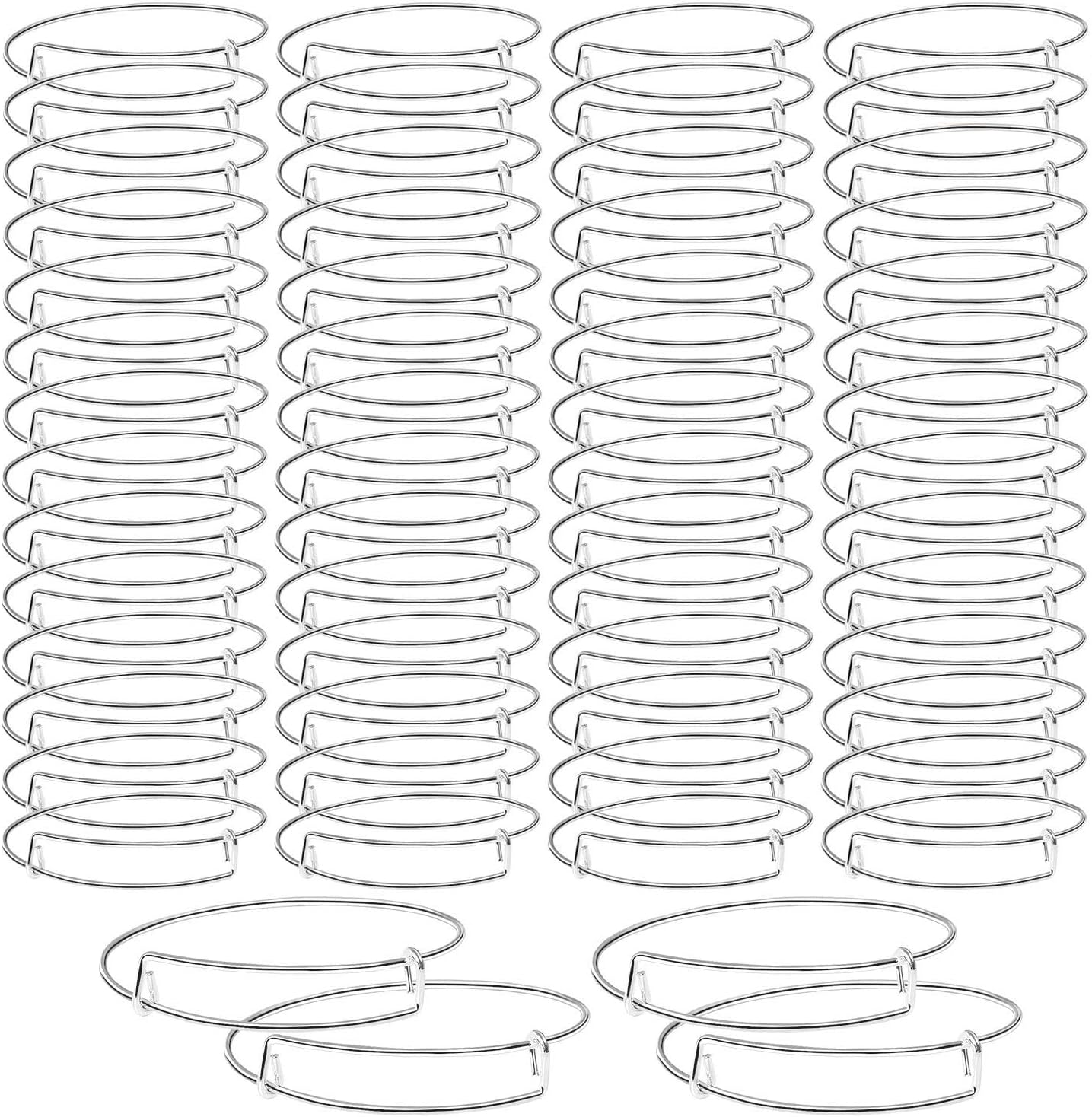 UPINS 60Pcs Expandable Blank Bangle Bracelets Adjustable Wire Bracelets for DIY Jewelry Making, Silver