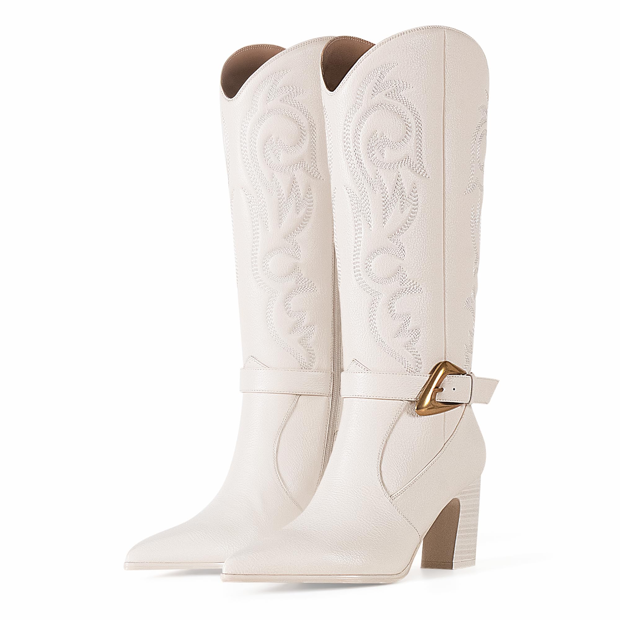 LACIKOSZ Western Cowboy Boots for Women - Knee High Calf Cowgirl Boots with Classic Embroidered with Gold Buckle, Slip On Pointed Toe Chunky Heel