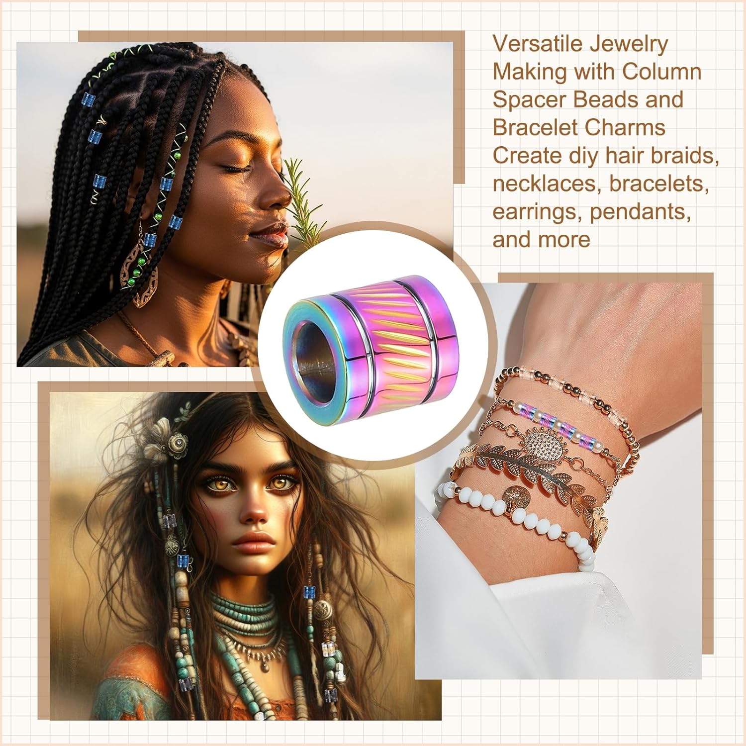 PATIKIL Stainless Steel Big Hole Colorful Paracord Column Beads 4pcs Grooved Tube Loose Column Spacer Beads 6mm Large Hole for DIY Bracelet Necklace Jewelry Making - Image 5